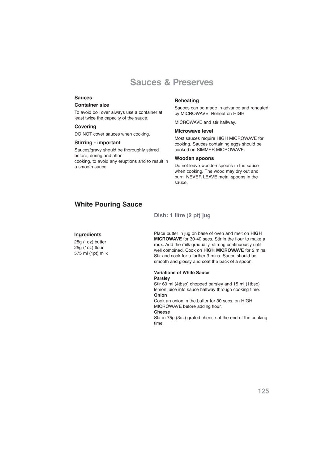 Panasonic NN-CF778S, NN-CF768M operating instructions Sauces & Preserves, White Pouring Sauce 