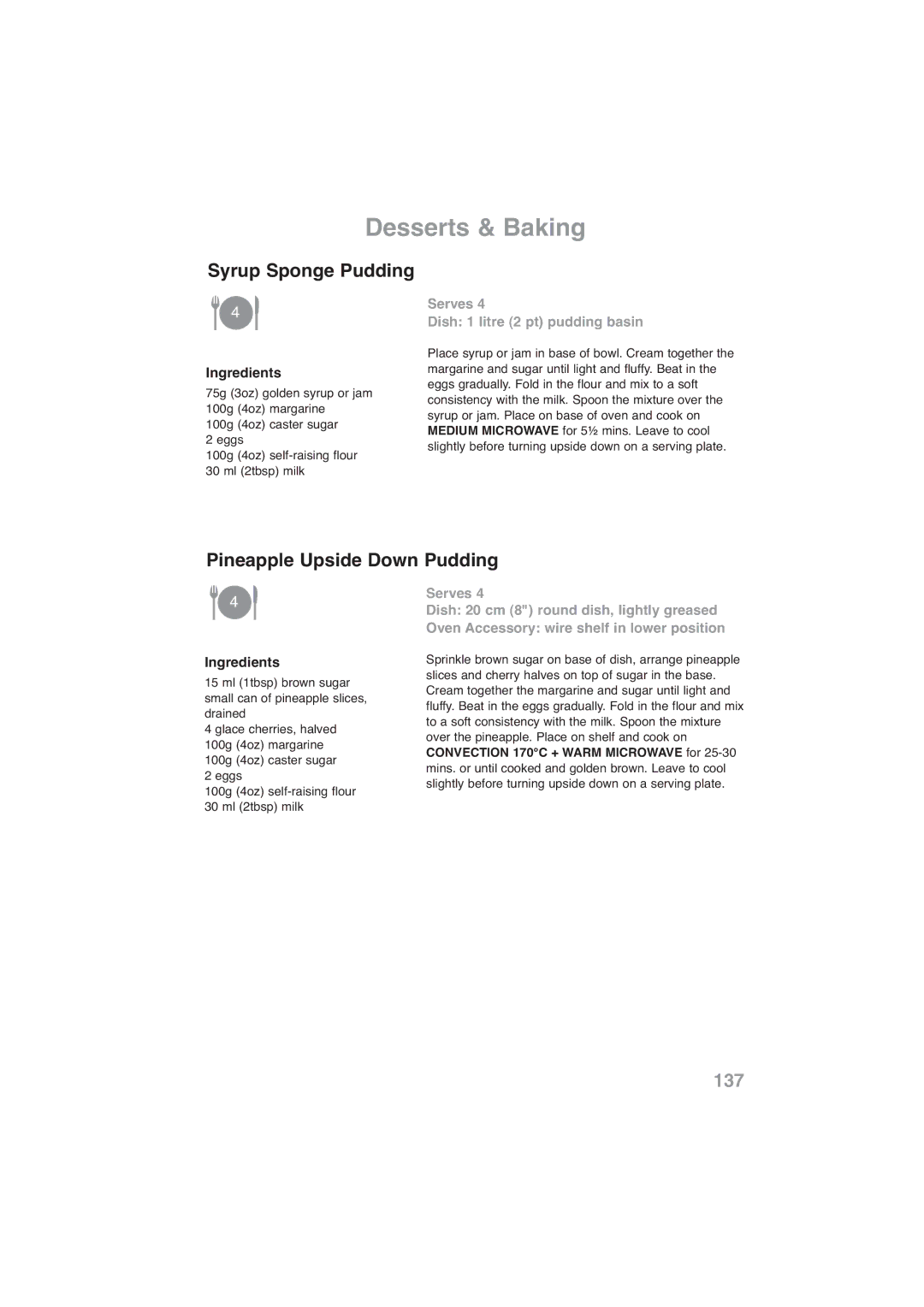 Panasonic NN-CF778S, NN-CF768M operating instructions Syrup Sponge Pudding, Pineapple Upside Down Pudding 