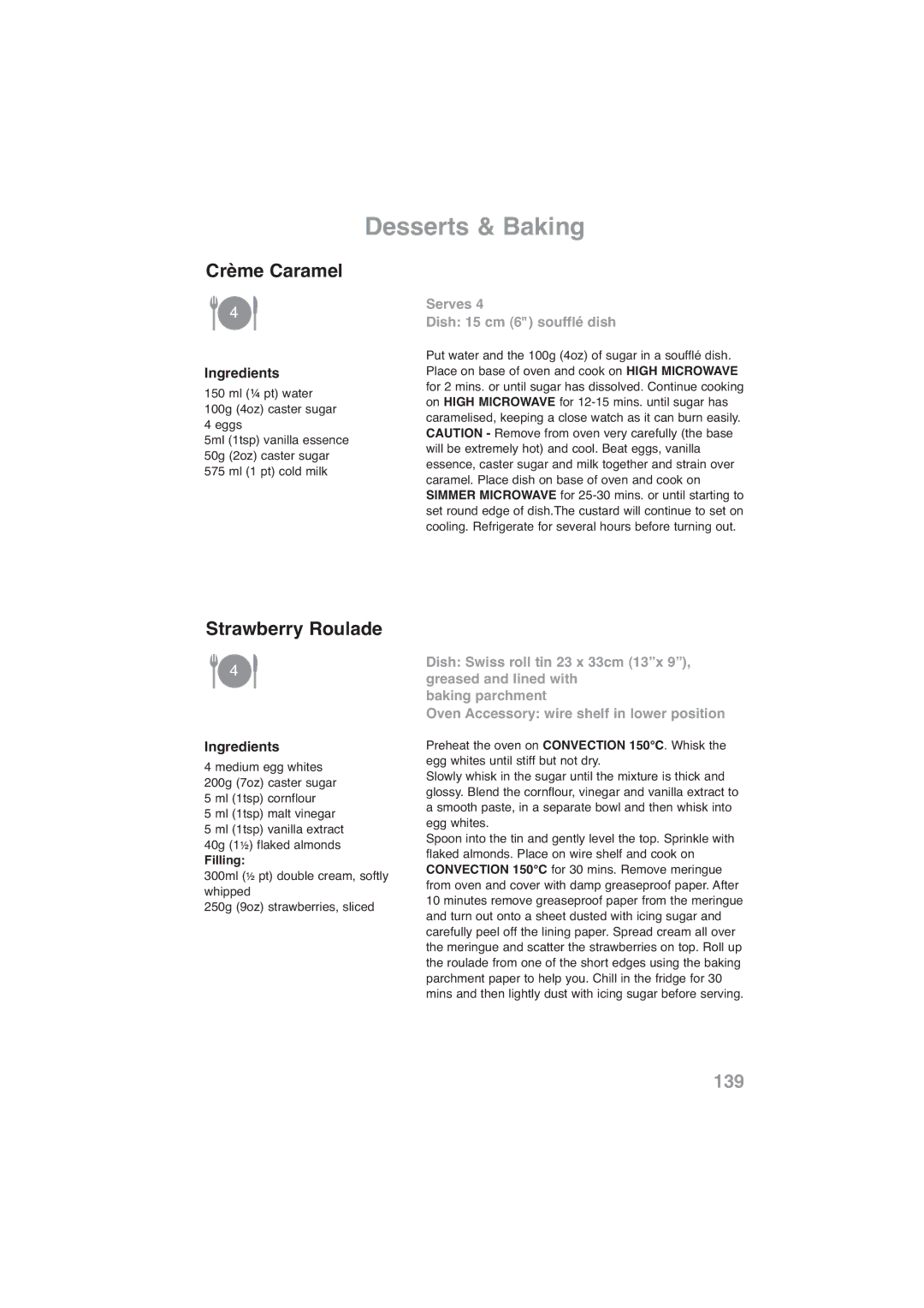 Panasonic NN-CF778S, NN-CF768M operating instructions Crème Caramel, Strawberry Roulade, Serves Dish 15 cm 6 soufflé dish 