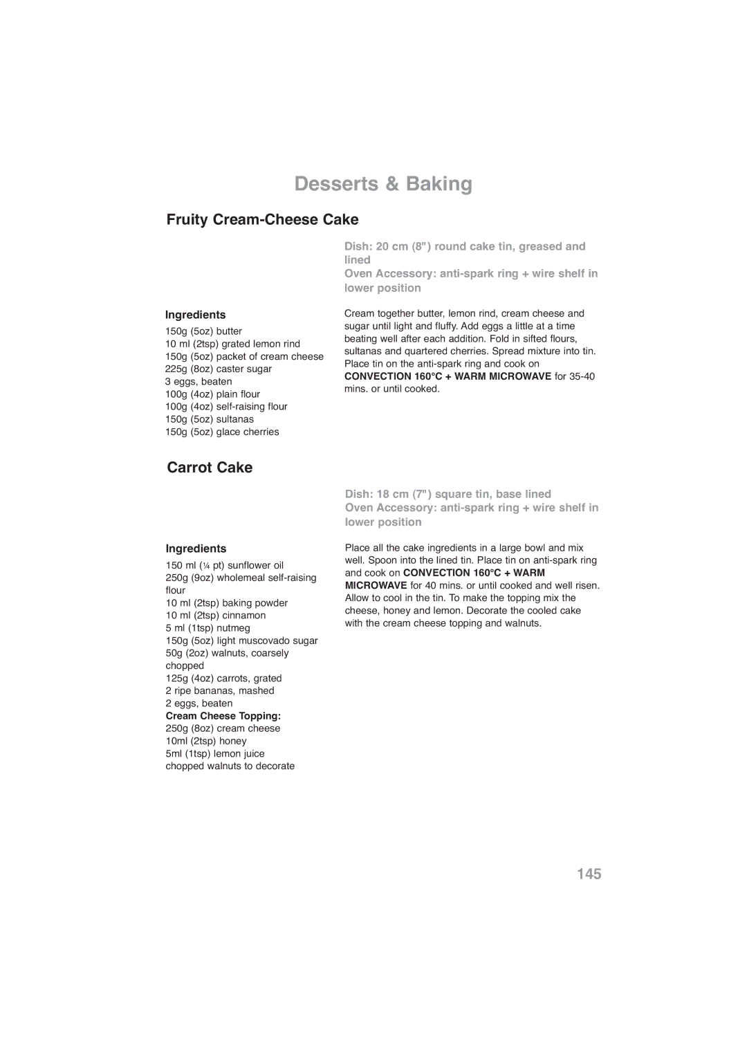 Panasonic NN-CF778S, NN-CF768M operating instructions Fruity Cream-Cheese Cake, Carrot Cake, Cream Cheese Topping 