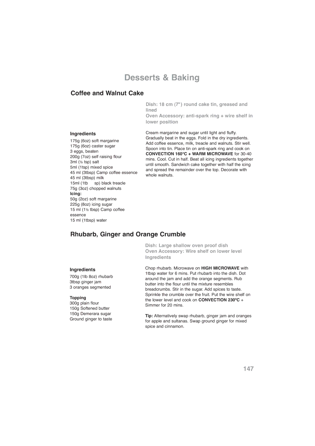 Panasonic NN-CF778S, NN-CF768M operating instructions Coffee and Walnut Cake, Rhubarb, Ginger and Orange Crumble, Icing 