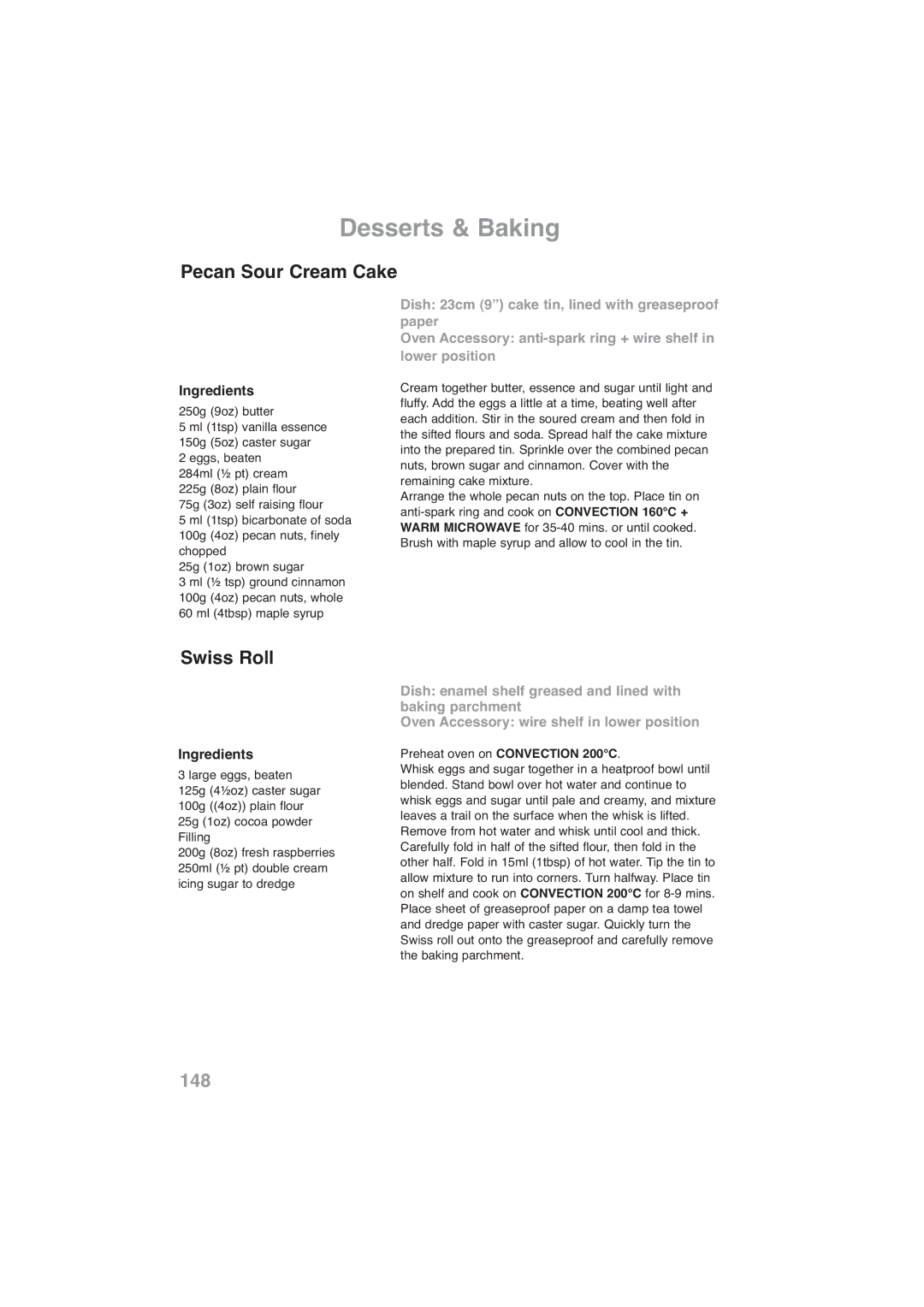Panasonic NN-CF768M, NN-CF778S operating instructions Pecan Sour Cream Cake, Swiss Roll 