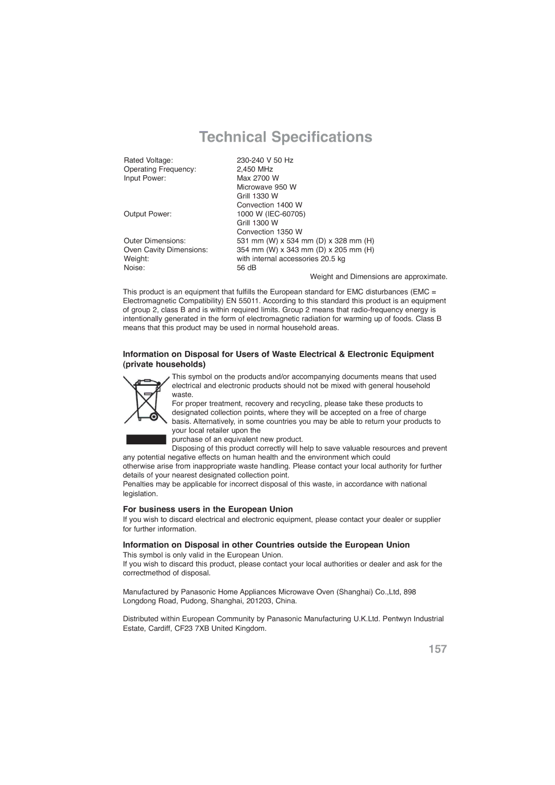 Panasonic NN-CF778S, NN-CF768M operating instructions Technical Specifications, For business users in the European Union 