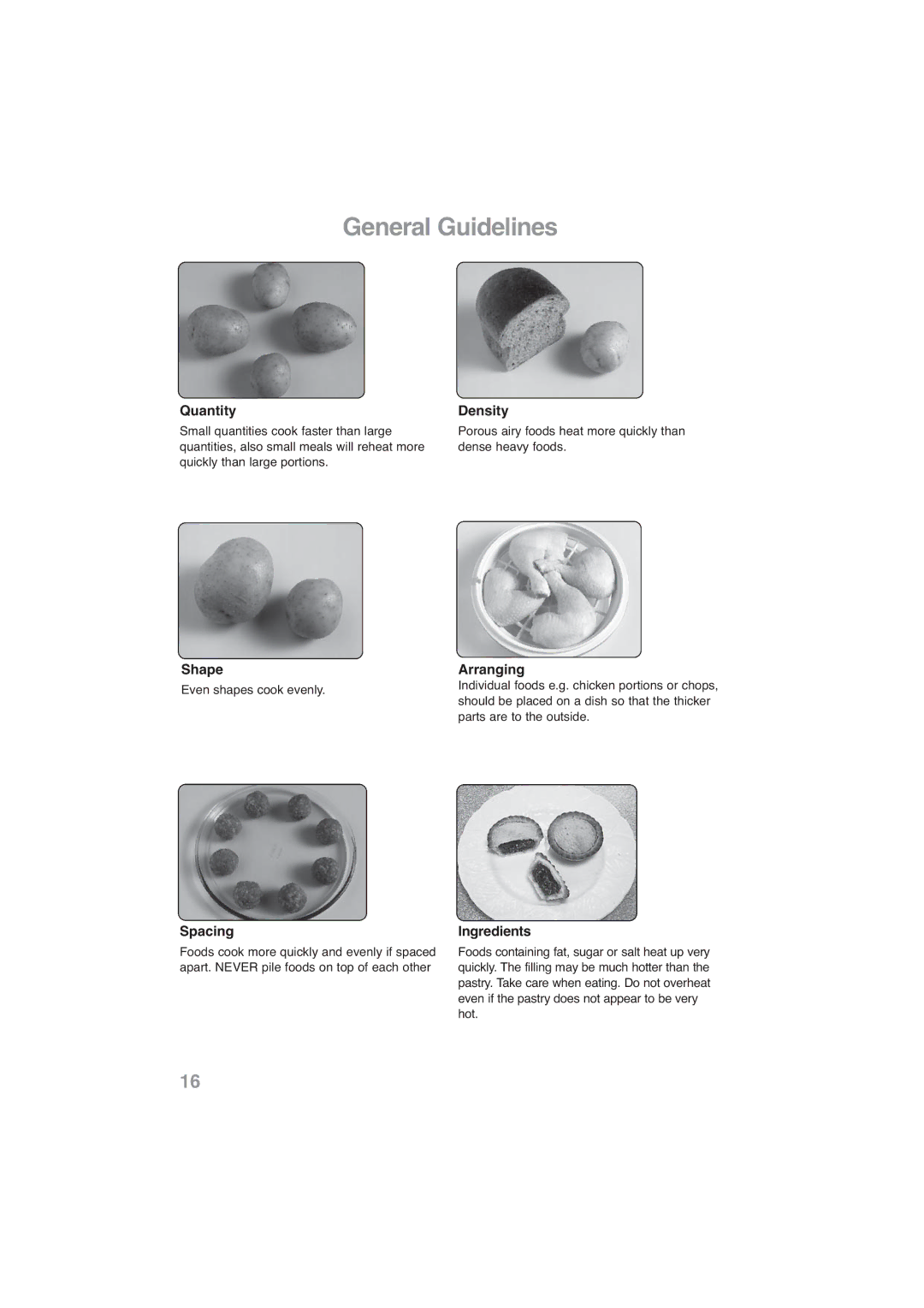 Panasonic NN-CF768M, NN-CF778S operating instructions Quantity, Density, Shape, Arranging, Spacing, Ingredients 