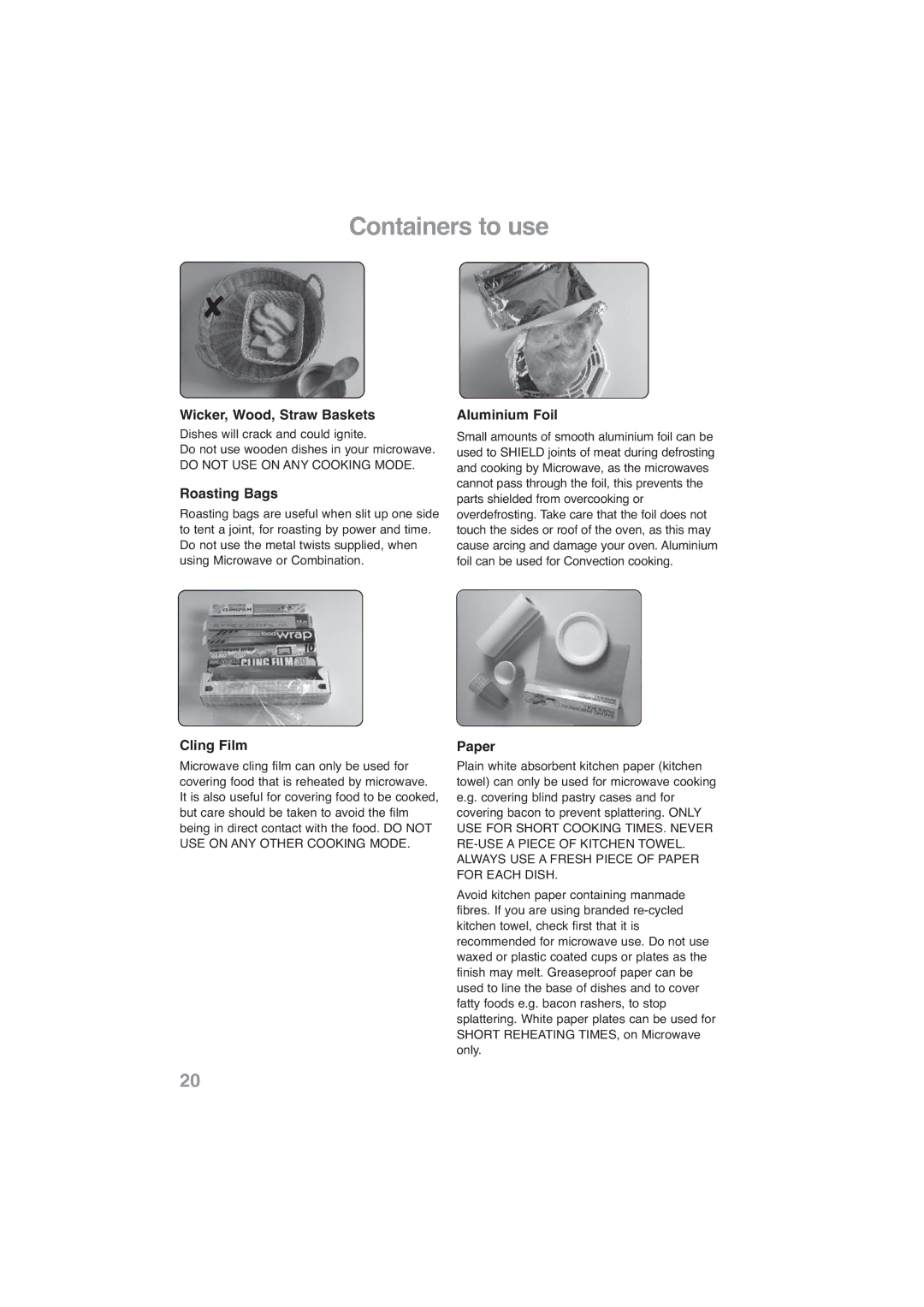 Panasonic NN-CF768M, NN-CF778S operating instructions Wicker, Wood, Straw Baskets, Roasting Bags, Aluminium Foil, Paper 