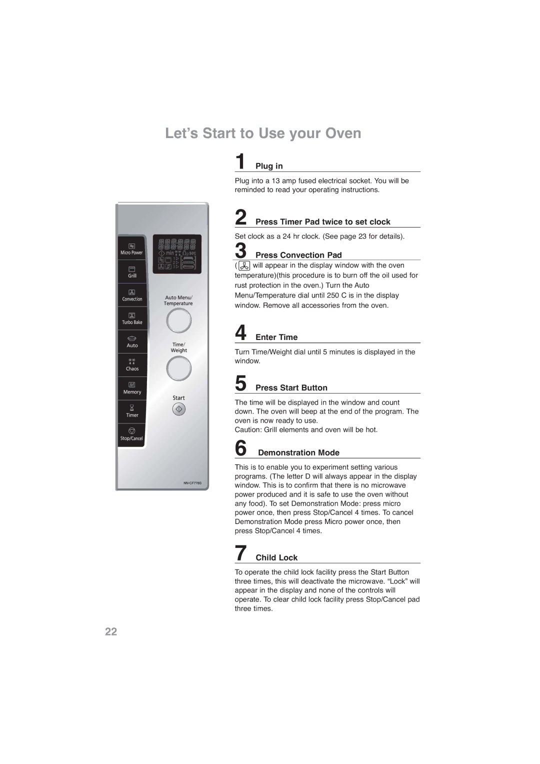 Panasonic NN-CF768M, NN-CF778S operating instructions Letʼs Start to Use your Oven 