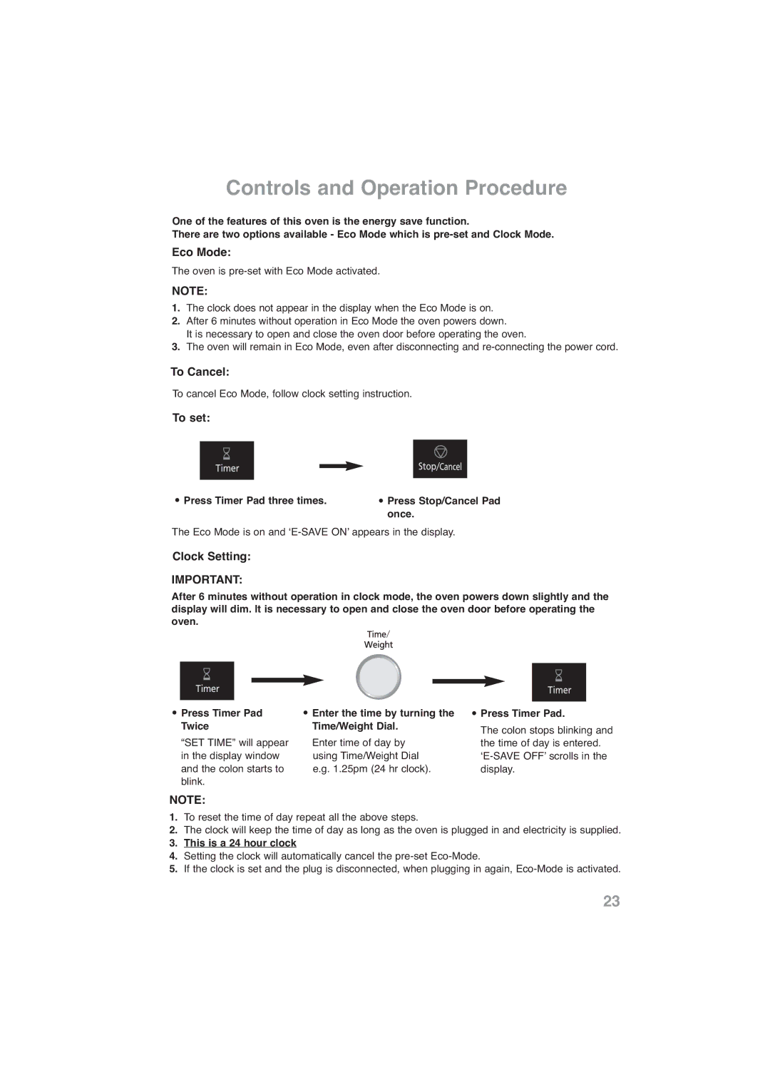 Panasonic NN-CF778S, NN-CF768M Controls and Operation Procedure, Eco Mode, To Cancel, To set, Clock Setting 