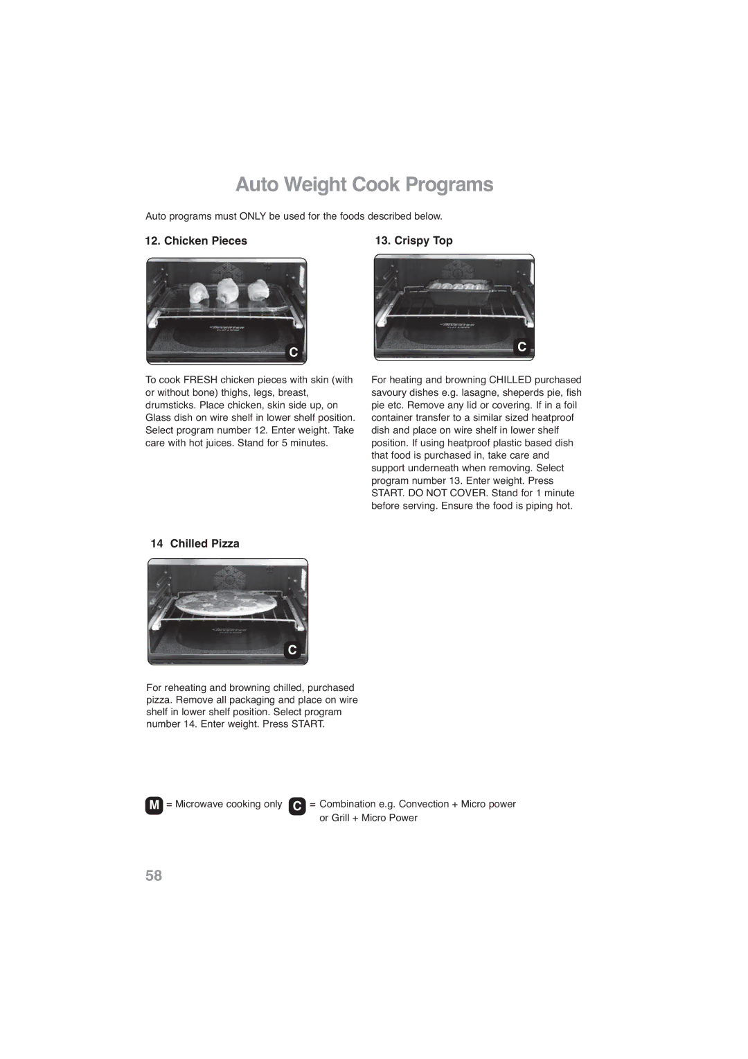 Panasonic NN-CF768M, NN-CF778S operating instructions Chicken Pieces Crispy Top, Chilled Pizza 