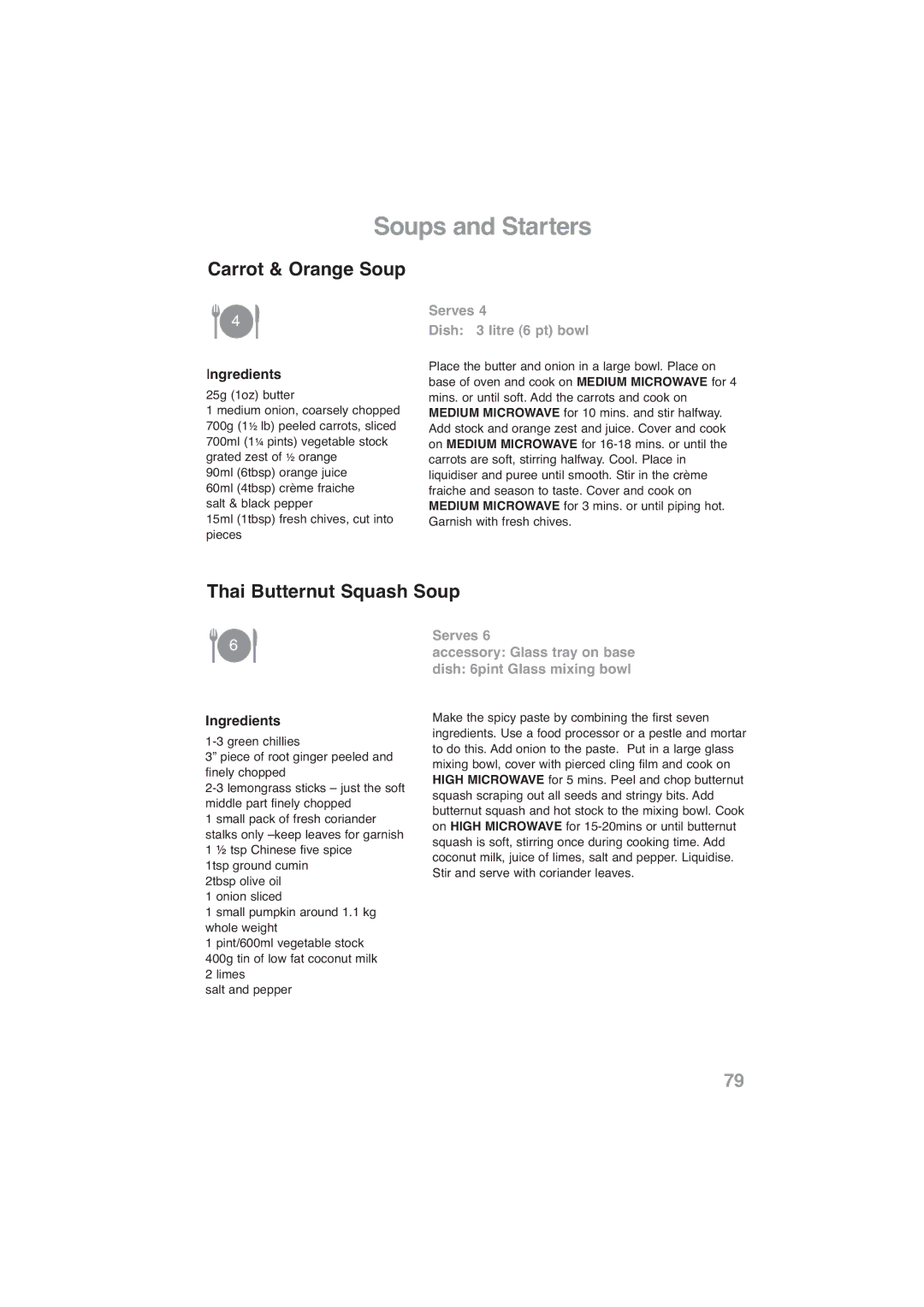 Panasonic NN-CF778S Soups and Starters, Carrot & Orange Soup, Thai Butternut Squash Soup, Serves Dish 3 litre 6 pt bowl 