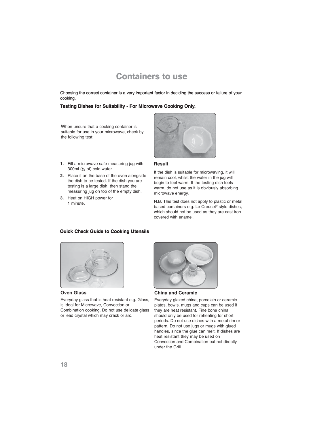 Panasonic NN-CF768M Containers to use, Result, Quick Check Guide to Cooking Utensils Oven Glass, China and Ceramic 