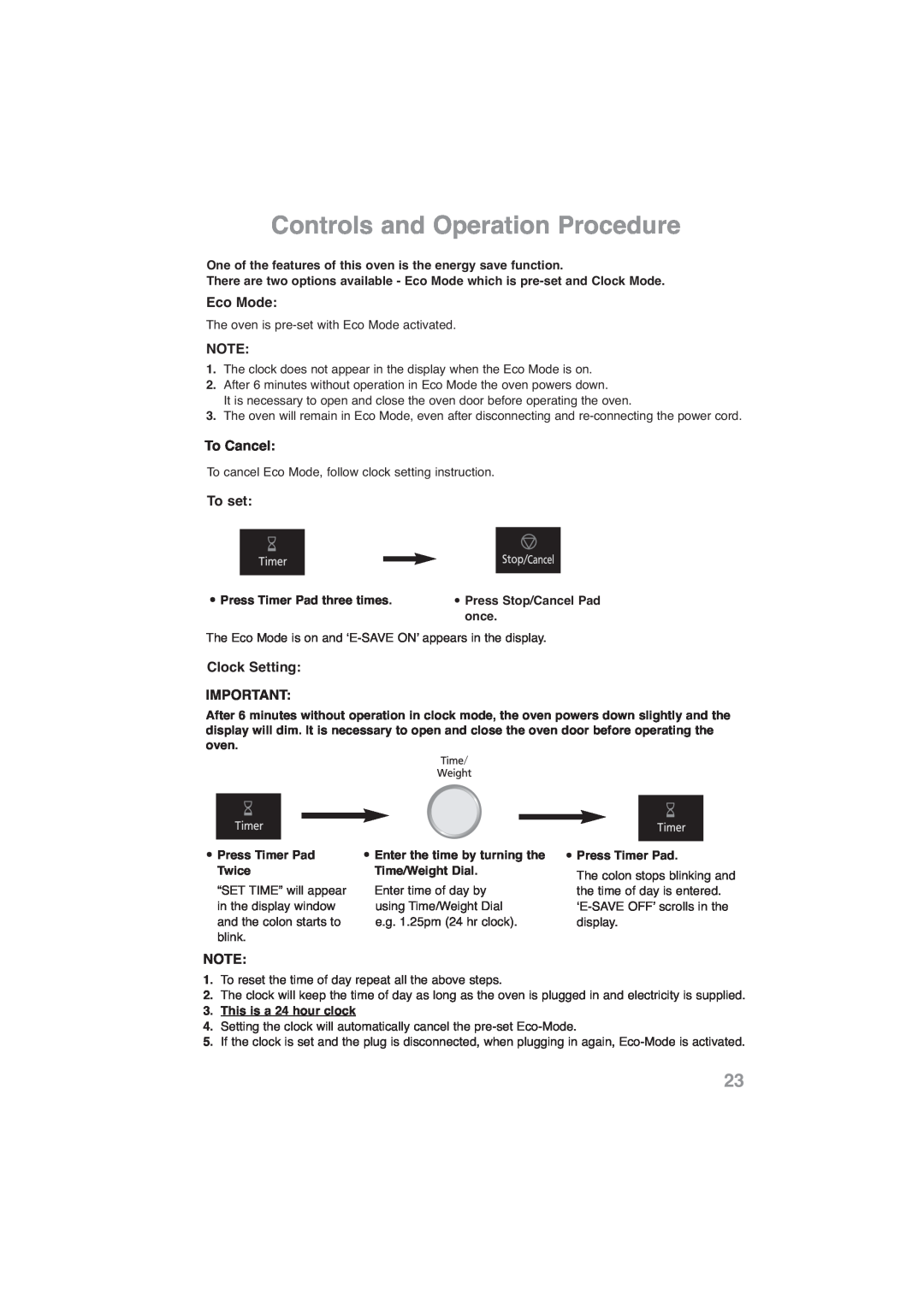 Panasonic NN-CF778S Controls and Operation Procedure, Eco Mode, To Cancel, To set, Clock Setting, once, •Press Timer Pad 