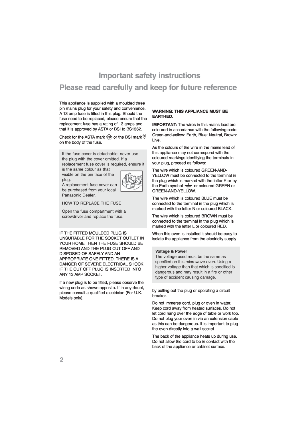 Panasonic NN-CF768M, NN-CF778S Important safety instructions, Warning: This Appliance Must Be Earthed, Voltage & Power 