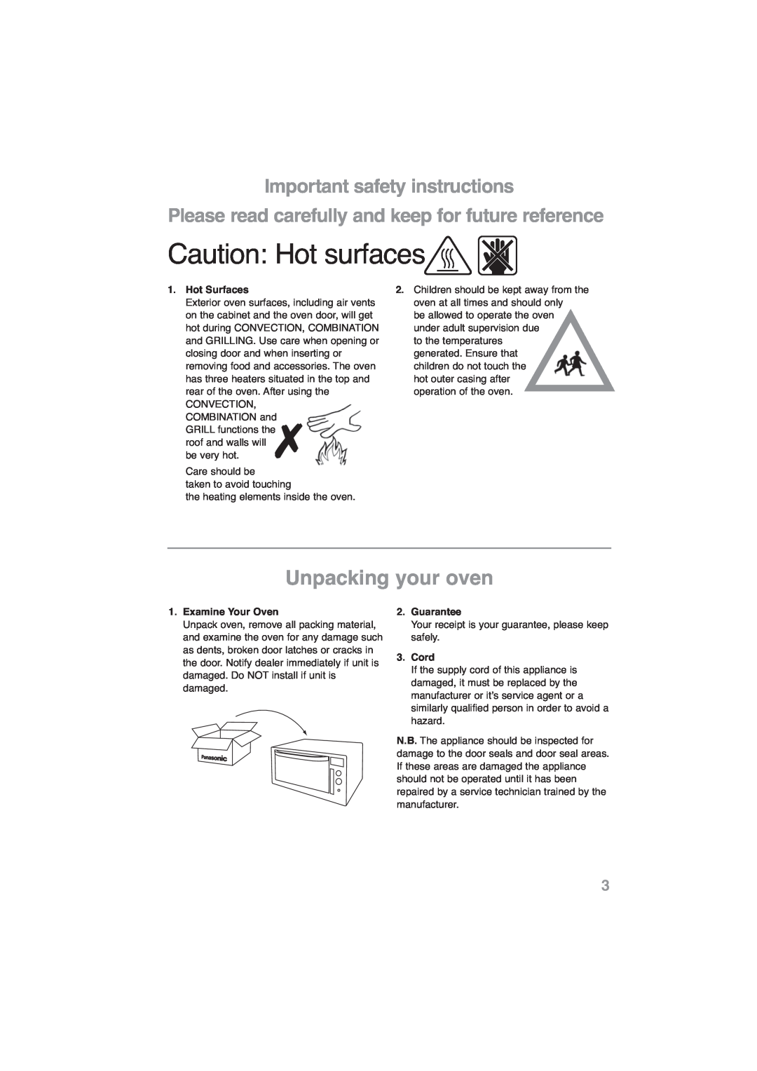 Panasonic NN-CF778S Unpacking your oven, Caution: Hot surfaces, Important safety instructions, Hot Surfaces, Guarantee 