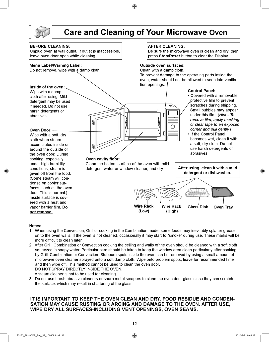 Panasonic NN-CF770M manual Care and Cleaning of Your Microwave Oven 