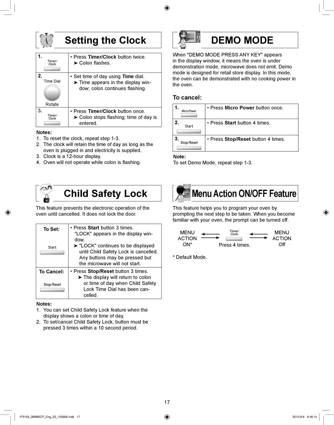 Panasonic NN-CF770M manual Setting the Clock, Child Safety Lock, Menu Action ON/OFF Feature, To cancel 