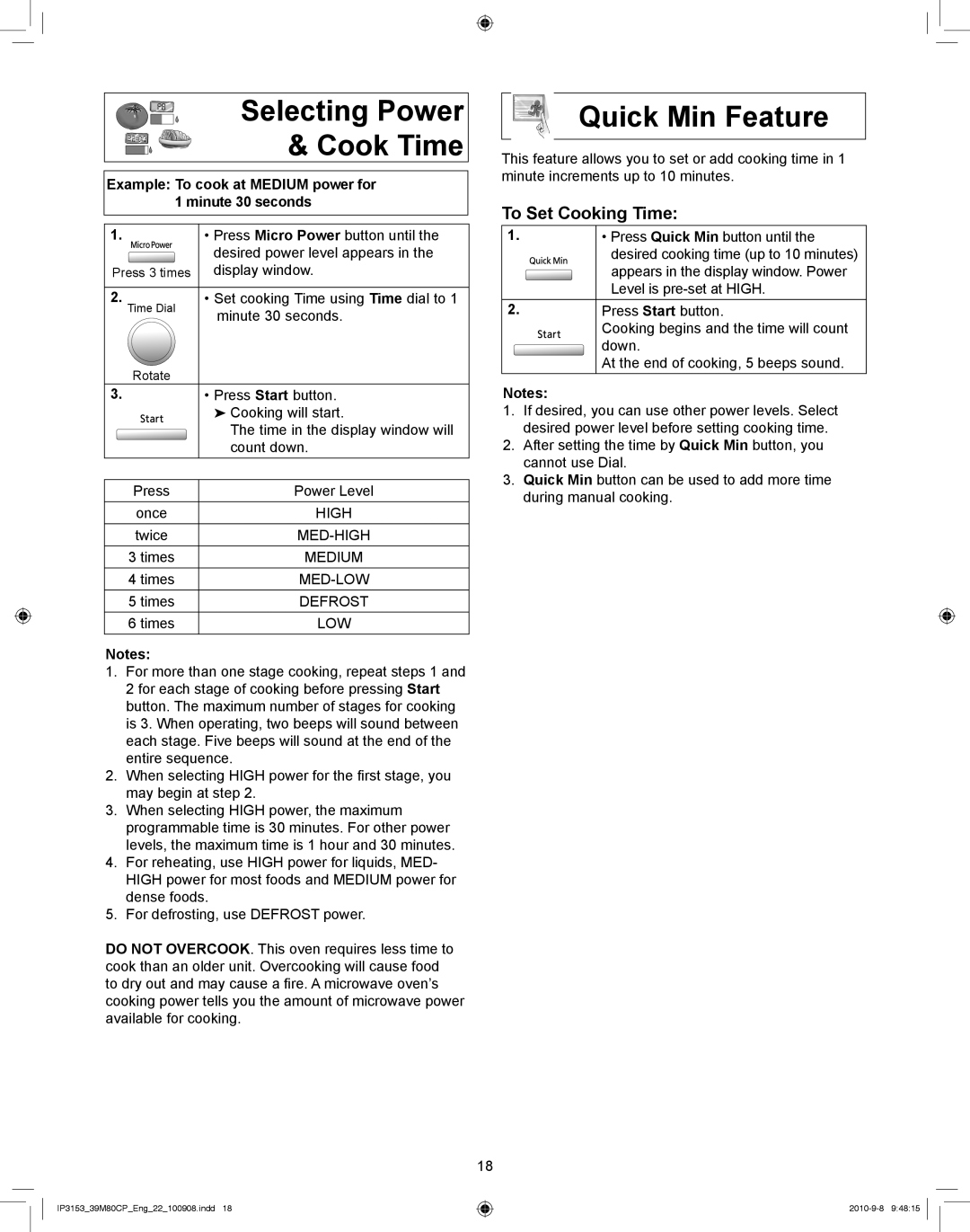 Panasonic NN-CF770M manual Selecting Power Cook Time, Quick Min Feature, To Set Cooking Time 