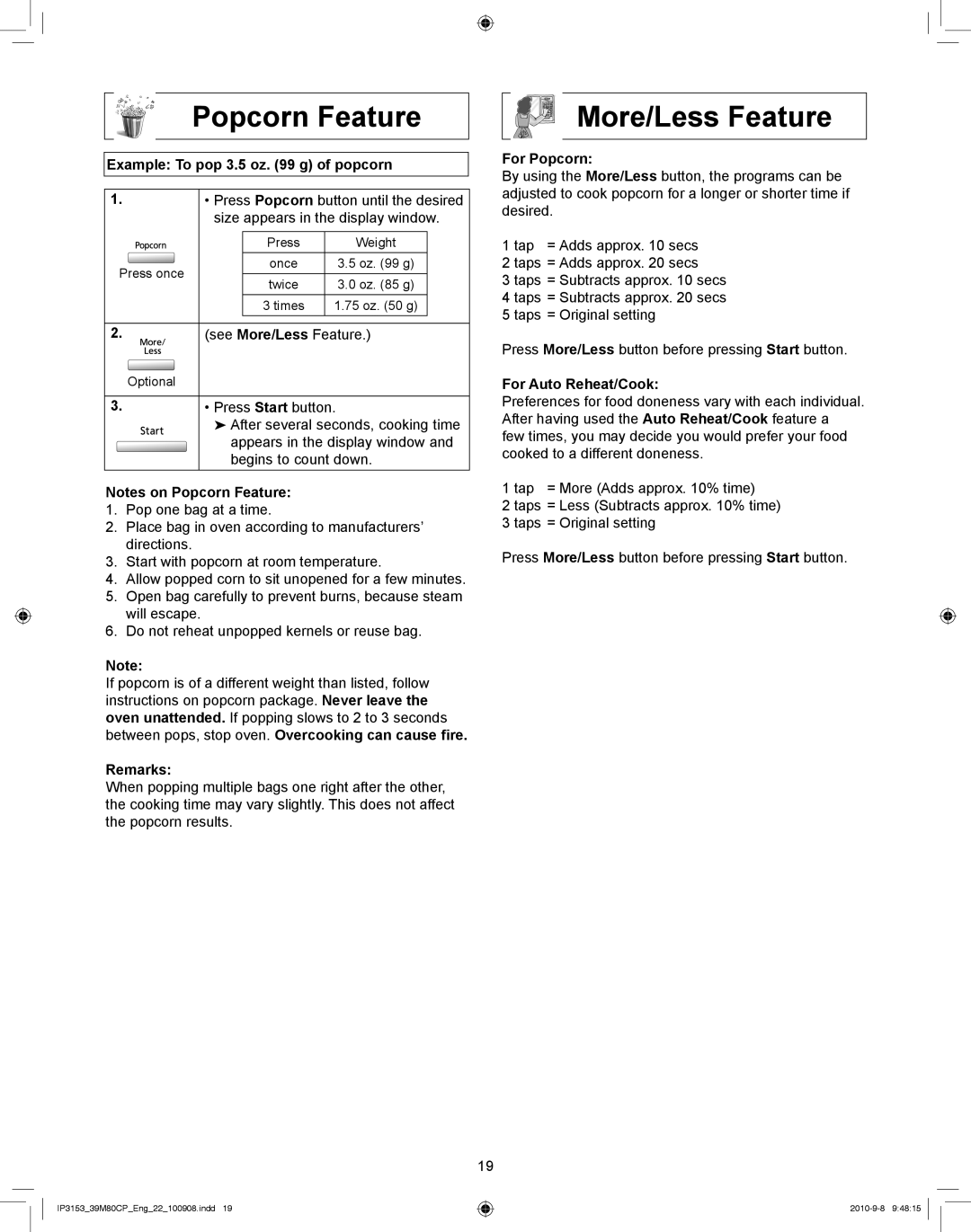 Panasonic NN-CF770M manual Popcorn Feature More/Less Feature, Example To pop 3.5 oz g of popcorn, Remarks, For Popcorn 