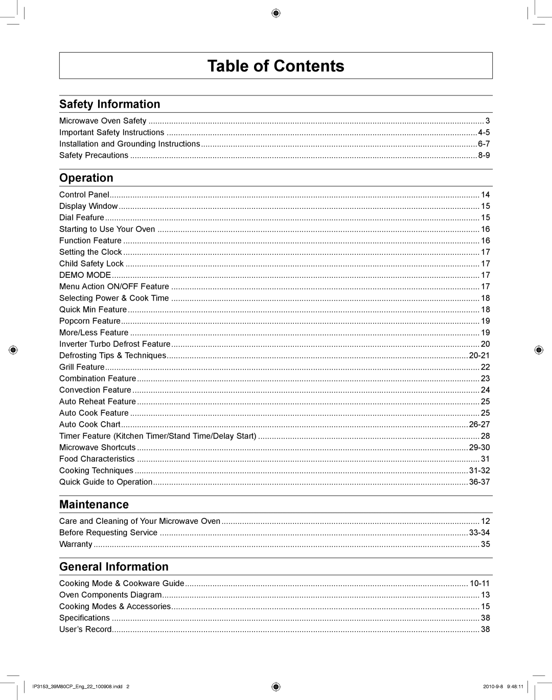 Panasonic NN-CF770M manual Table of Contents 