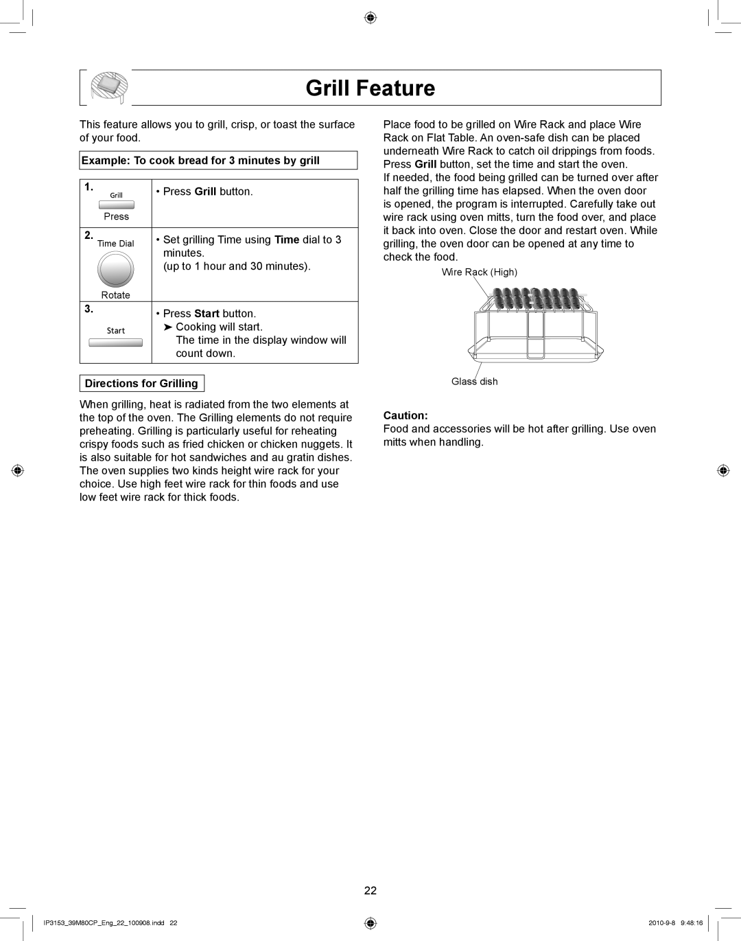 Panasonic NN-CF770M manual Grill Feature, Example To cook bread for 3 minutes by grill, Directions for Grilling 