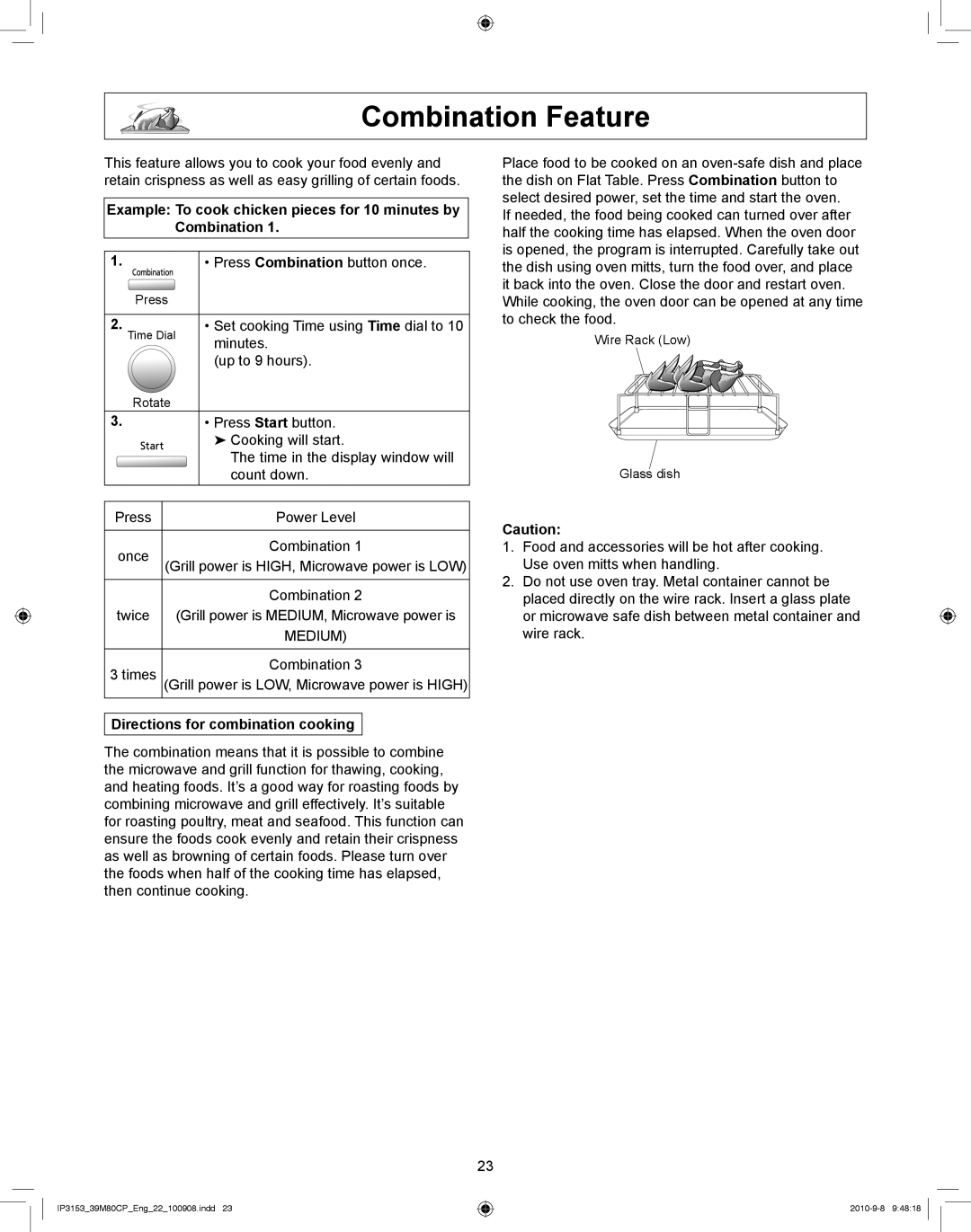 Panasonic NN-CF770M manual Combination Feature, Directions for combination cooking 