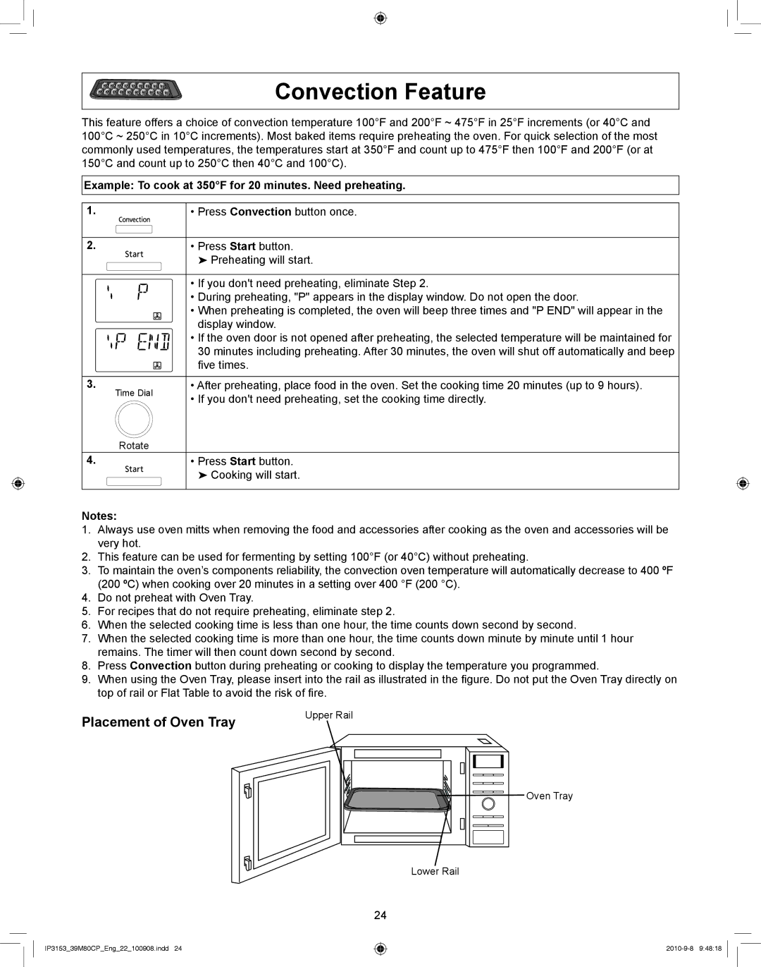 Panasonic NN-CF770M manual Placement of Oven Tray, Example To cook at 350F for 20 minutes. Need preheating 