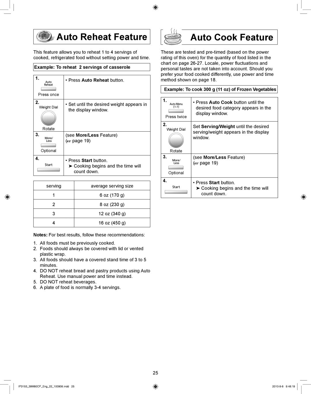 Panasonic NN-CF770M manual Auto Reheat Feature Auto Cook Feature, Example To reheat 2 servings of casserole 