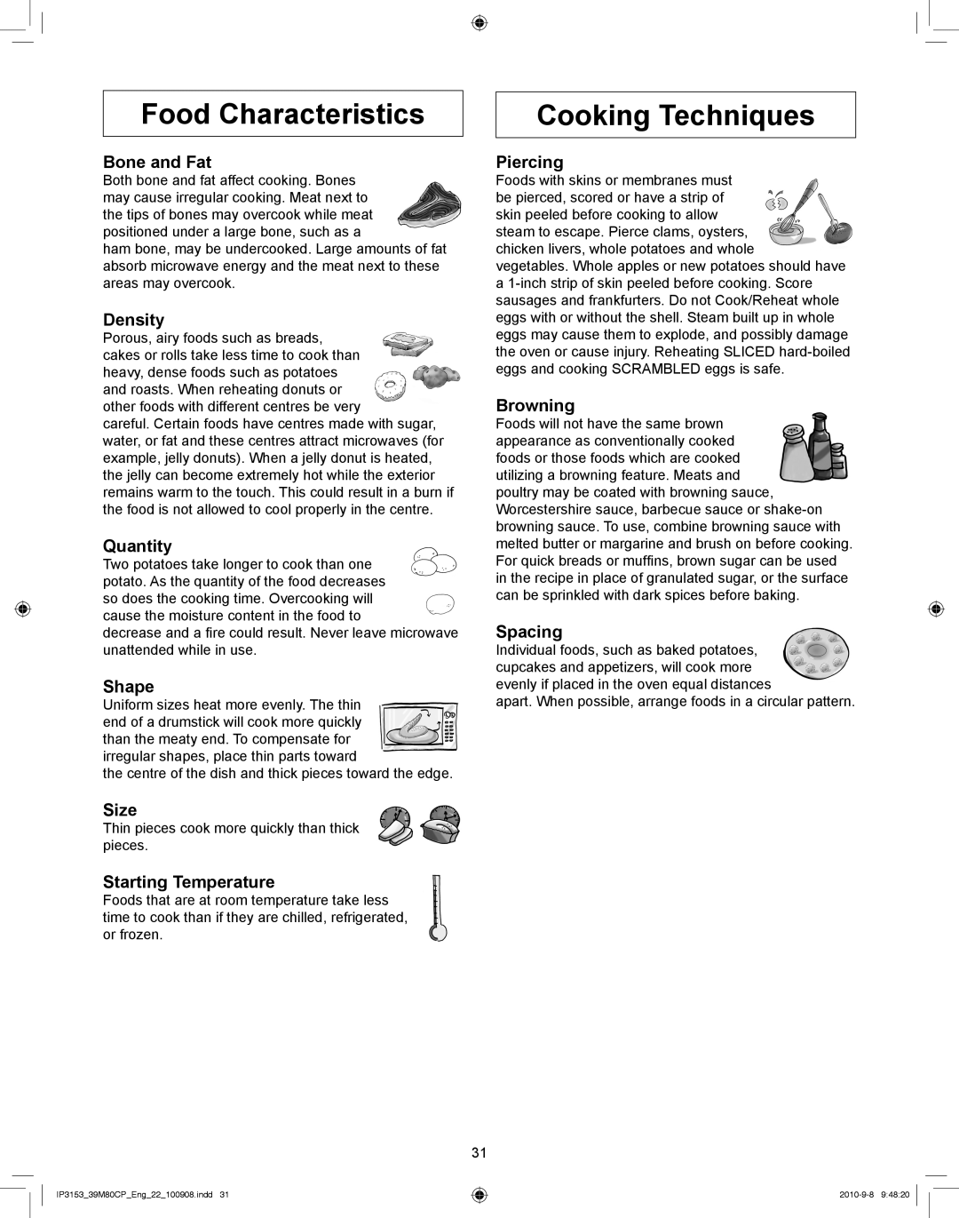 Panasonic NN-CF770M manual Food Characteristics, Cooking Techniques 