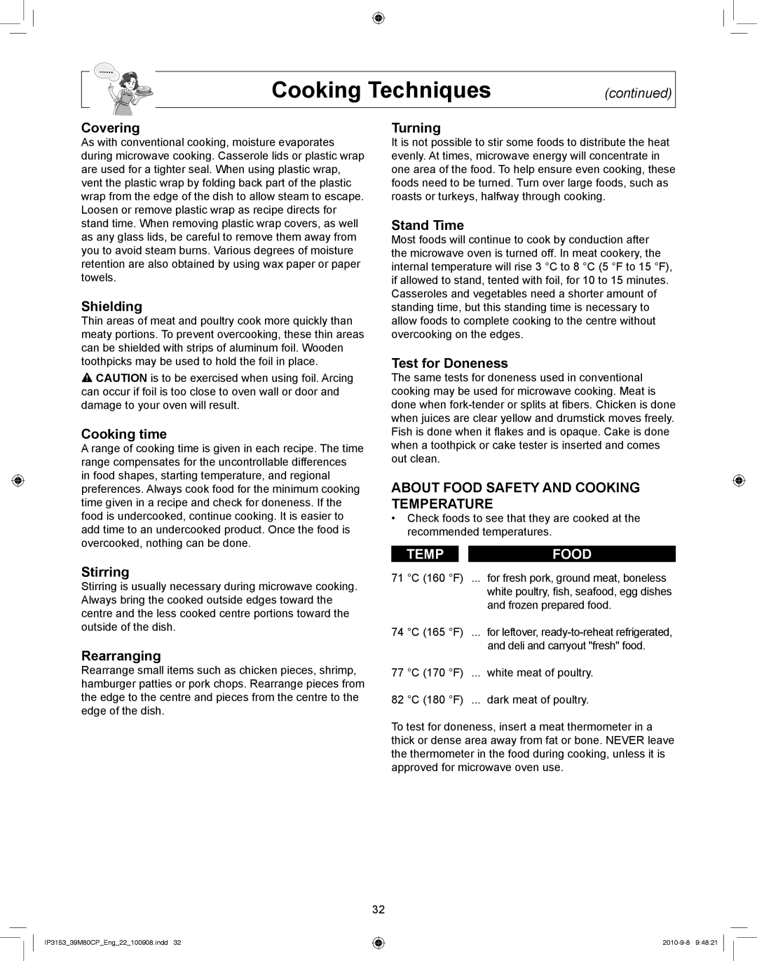 Panasonic NN-CF770M manual Covering, Shielding, Cooking time, Stirring, Rearranging, Turning, Stand Time, Test for Doneness 