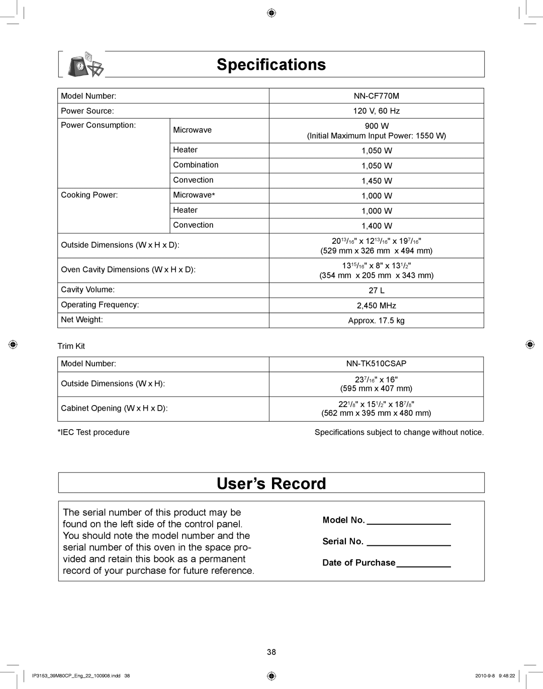 Panasonic NN-CF770M manual Speciﬁcations, User’s Record 