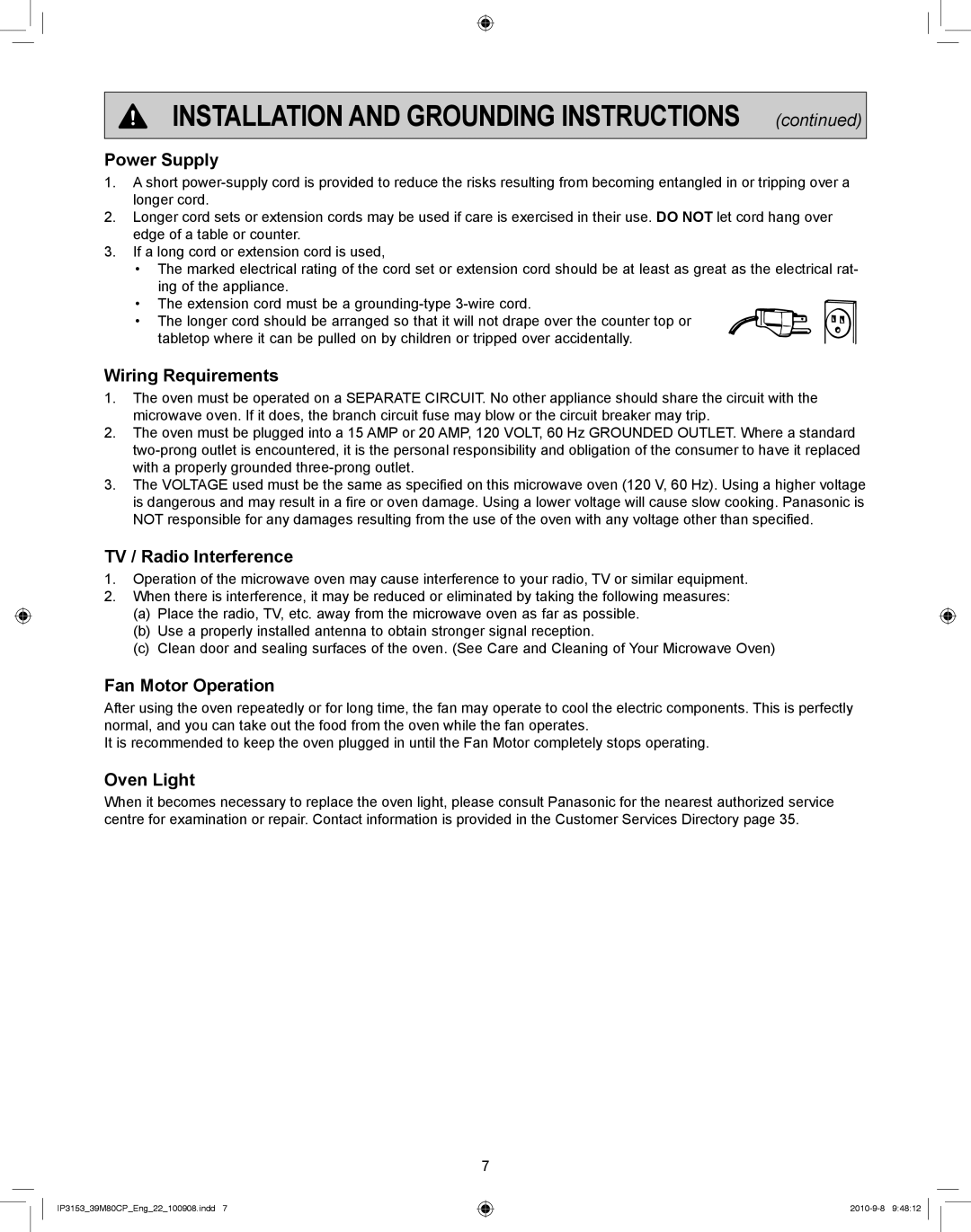 Panasonic NN-CF770M manual Power Supply, Wiring Requirements, TV / Radio Interference, Fan Motor Operation, Oven Light 