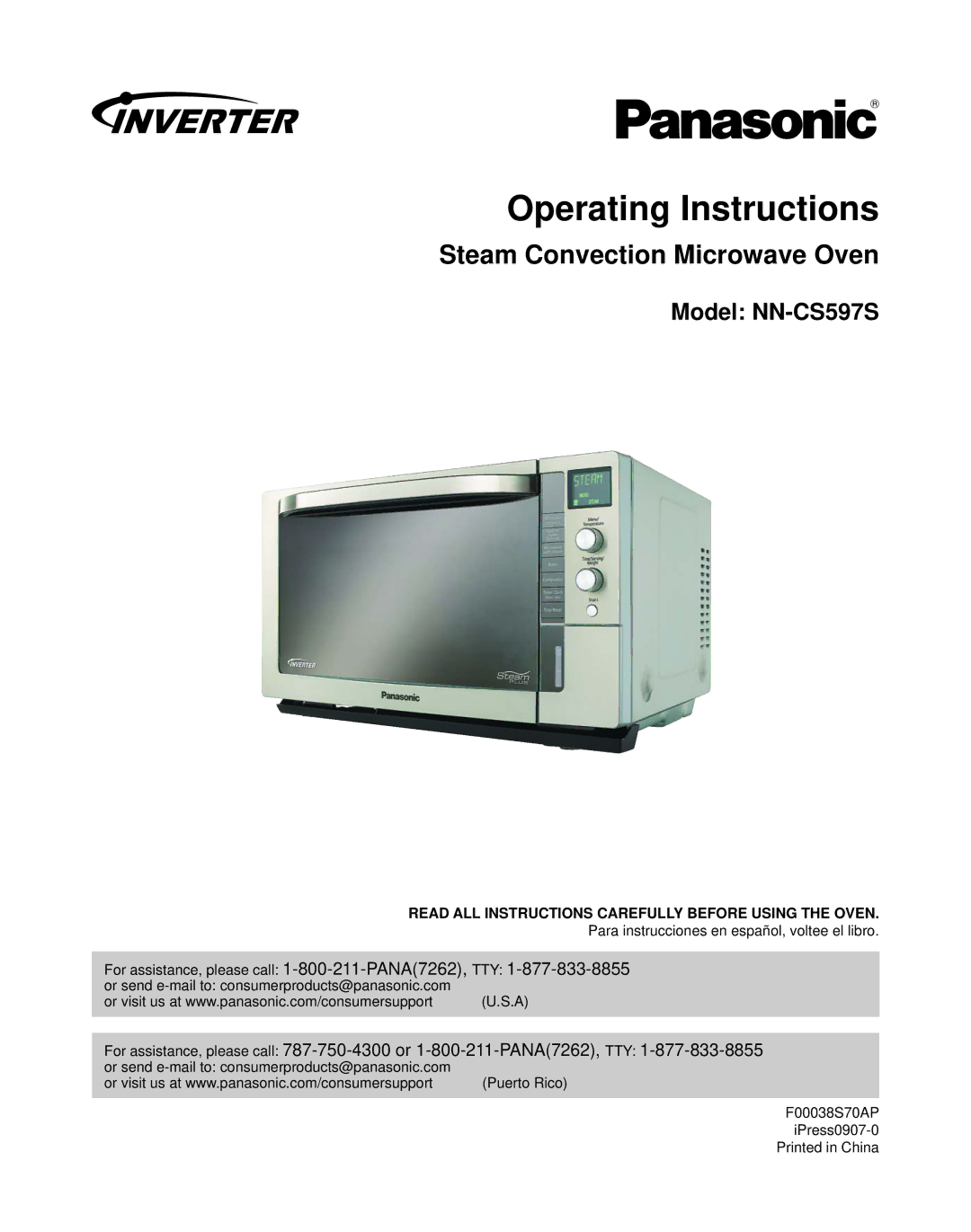 Panasonic NN-CS597S operating instructions Operating Instructions, Read ALL Instructions Carefully Before Using the Oven 