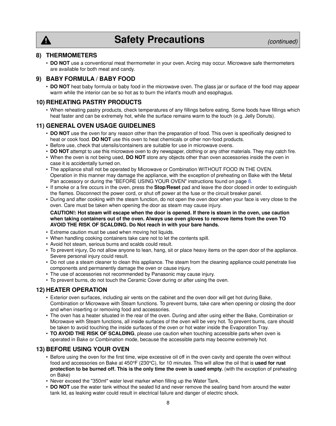 Panasonic NN-CS597S Thermometers, Baby Formula / Baby Food, Reheating Pastry Products, General Oven Usage Guidelines 