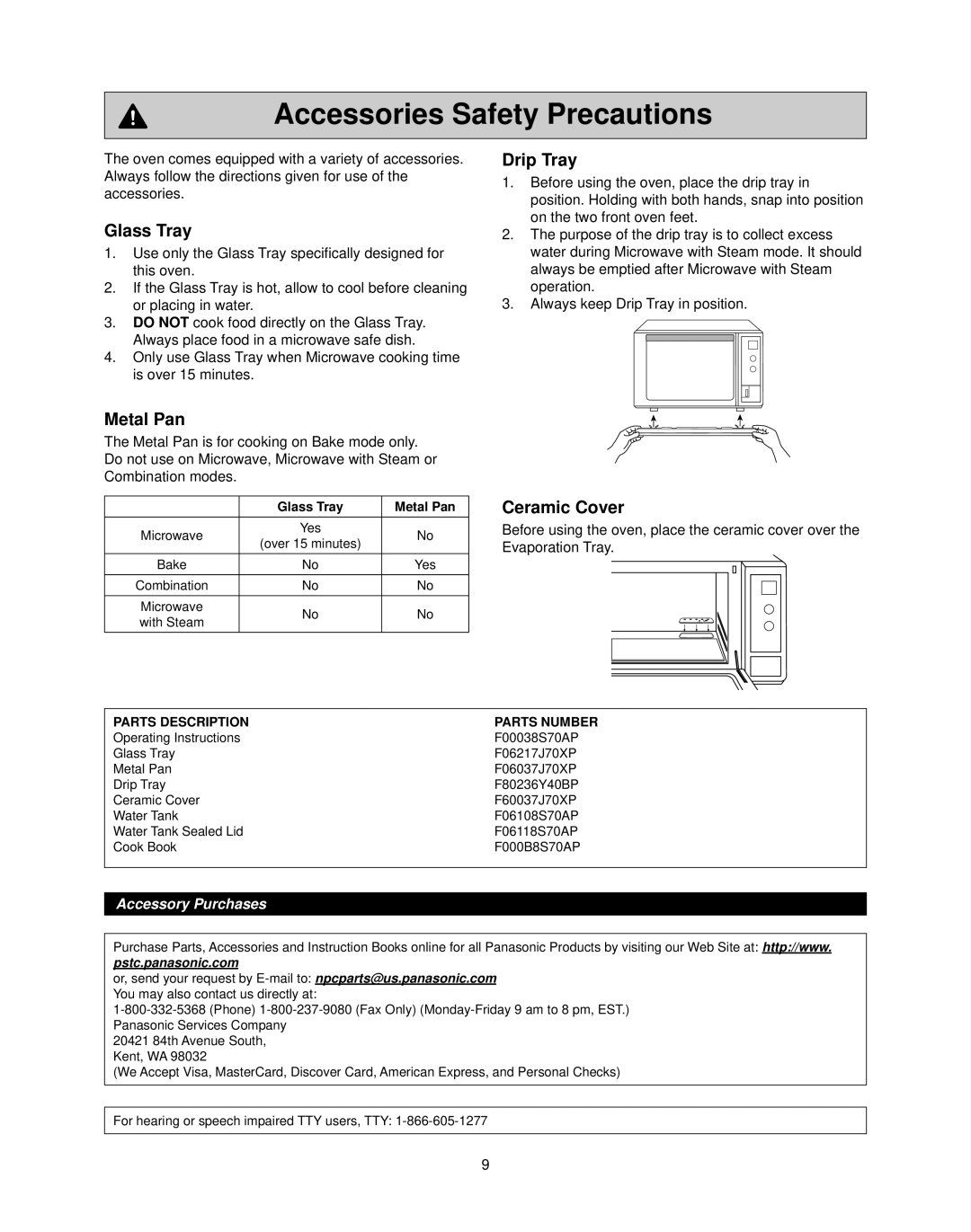 Panasonic NN-CS597S operating instructions Accessories Safety Precautions, Glass Tray, Drip Tray, Metal Pan, Ceramic Cover 