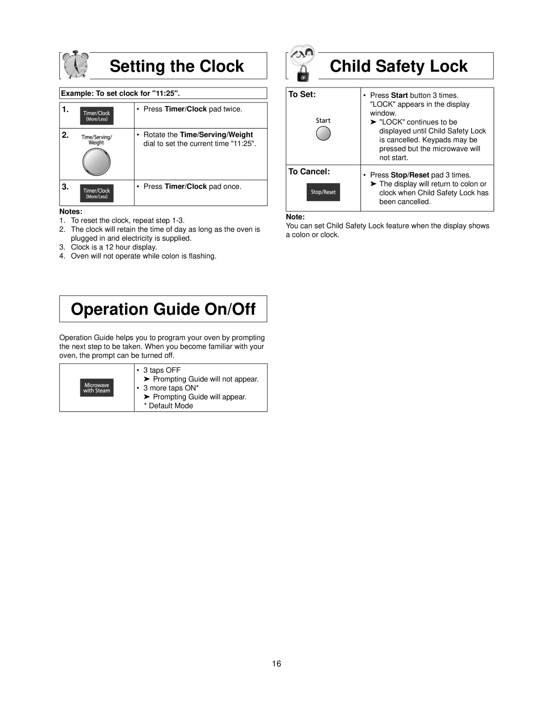 Panasonic NN-CS597S operating instructions Setting the Clock, Child Safety Lock, Operation Guide On/Off, To Set, To Cancel 