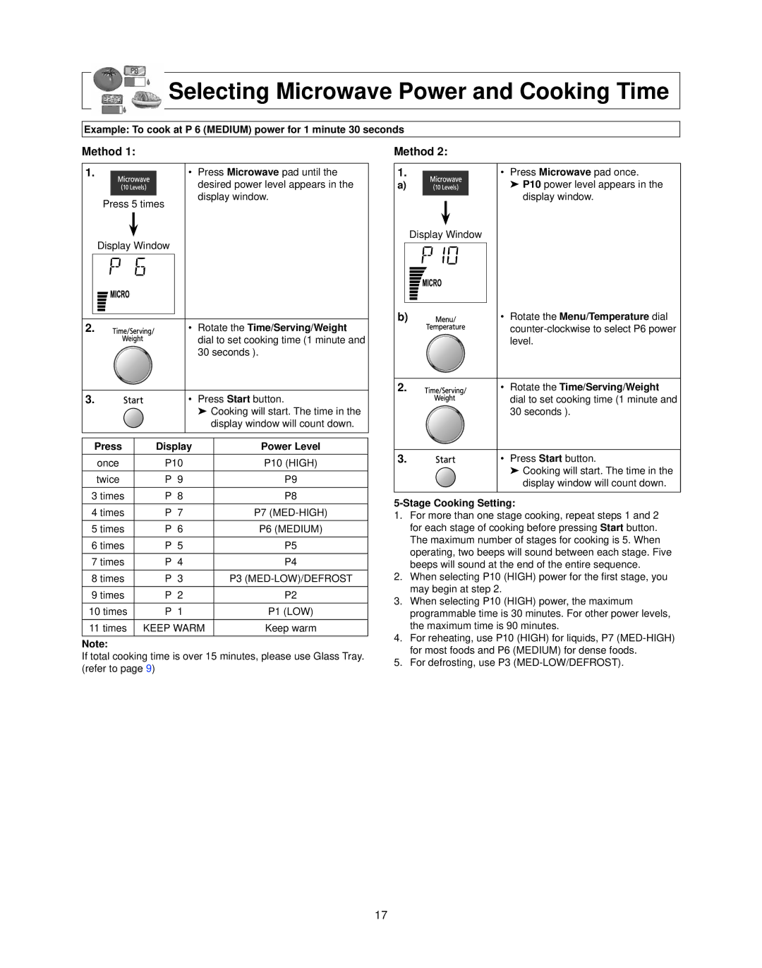 Panasonic NN-CS597S Selecting Microwave Power and Cooking Time, Method, Press Display Power Level, Stage Cooking Setting 