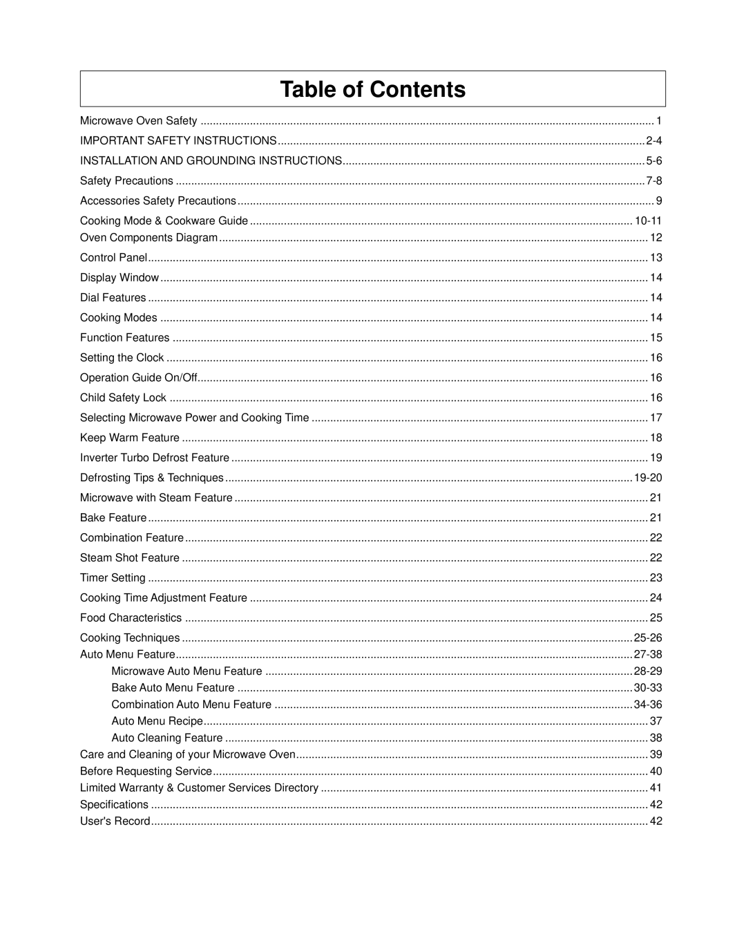 Panasonic NN-CS597S operating instructions Table of Contents 