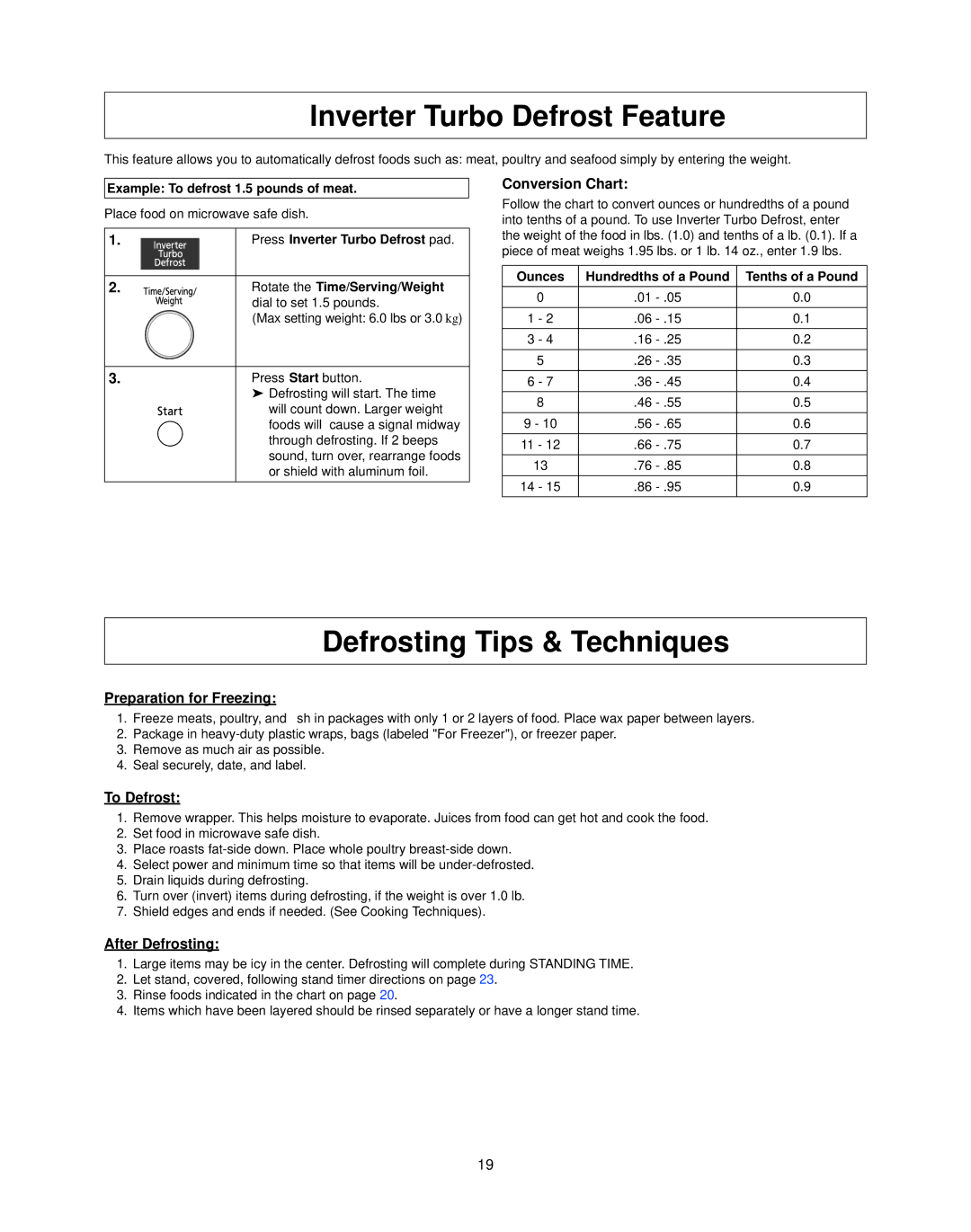 Panasonic NN-CS597S operating instructions Inverter Turbo Defrost Feature, Defrosting Tips & Techniques 