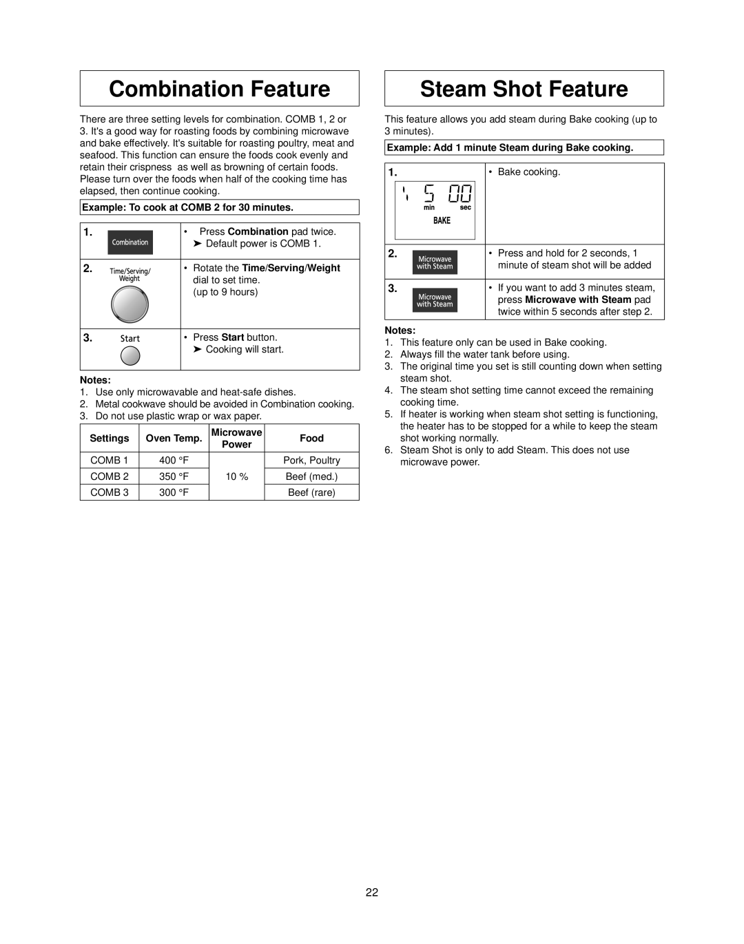 Panasonic NN-CS597S Combination Feature, Steam Shot Feature, Example To cook at Comb 2 for 30 minutes 