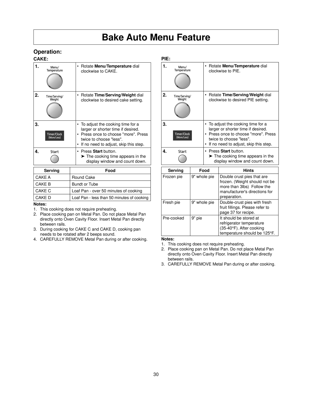 Panasonic NN-CS597S operating instructions Bake Auto Menu Feature, Operation, Cake, Pie 