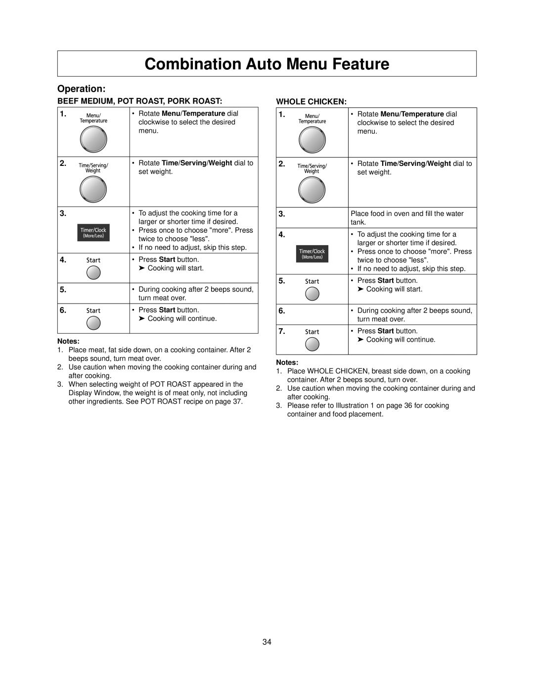 Panasonic NN-CS597S operating instructions Combination Auto Menu Feature, Beef MEDIUM, POT ROAST, Pork Roast, Whole Chicken 