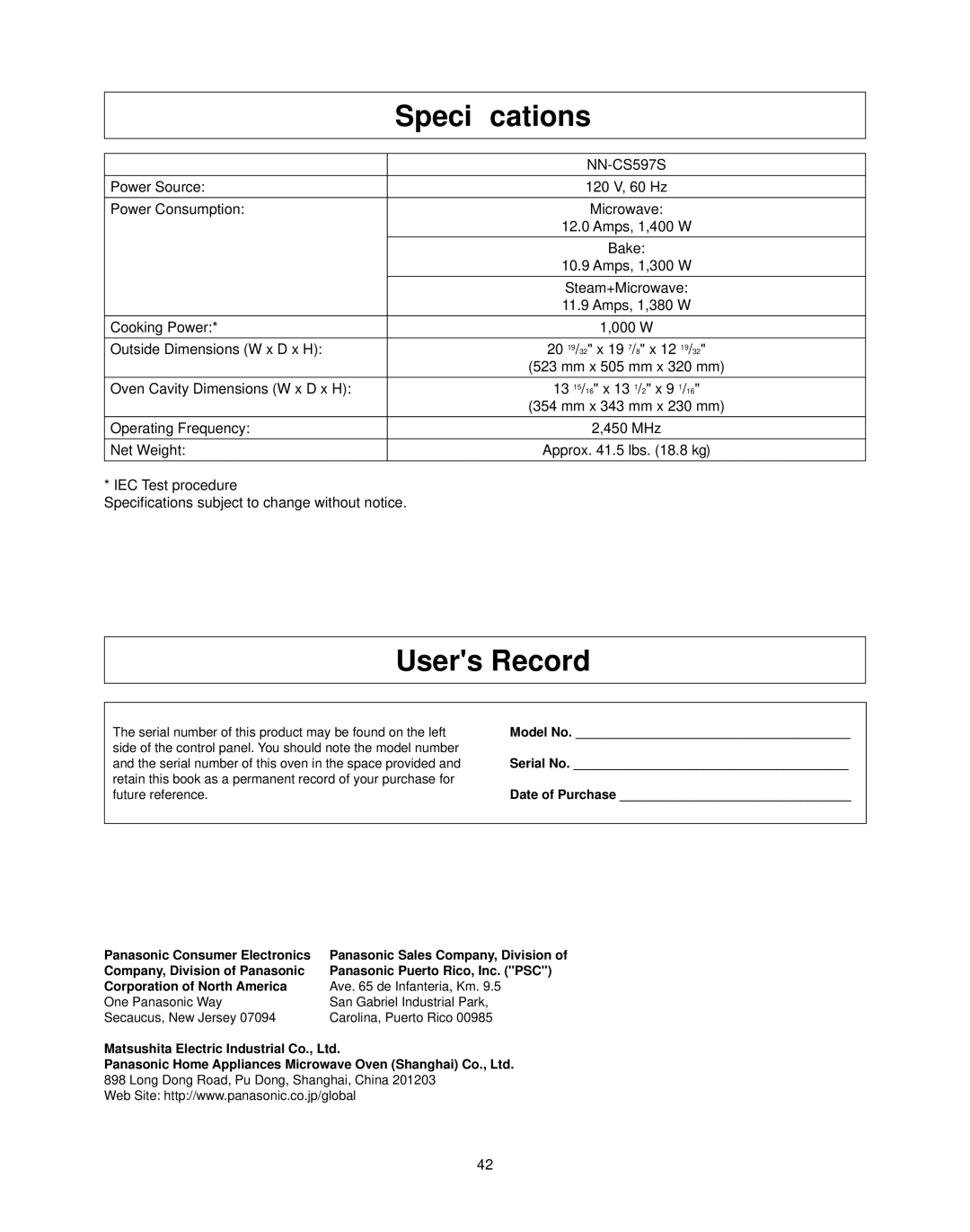 Panasonic NN-CS597S operating instructions Speciﬁcations, Users Record, Model No, Serial No, Date of Purchase 