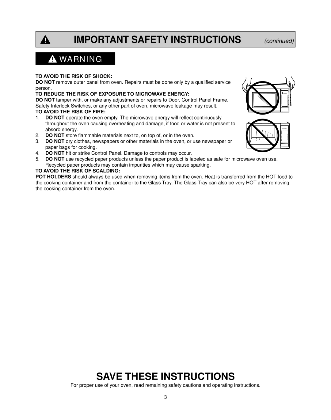 Panasonic NN-CS597S operating instructions To Avoid the Risk of Shock, To Reduce the Risk of Exposure to Microwave Energy 