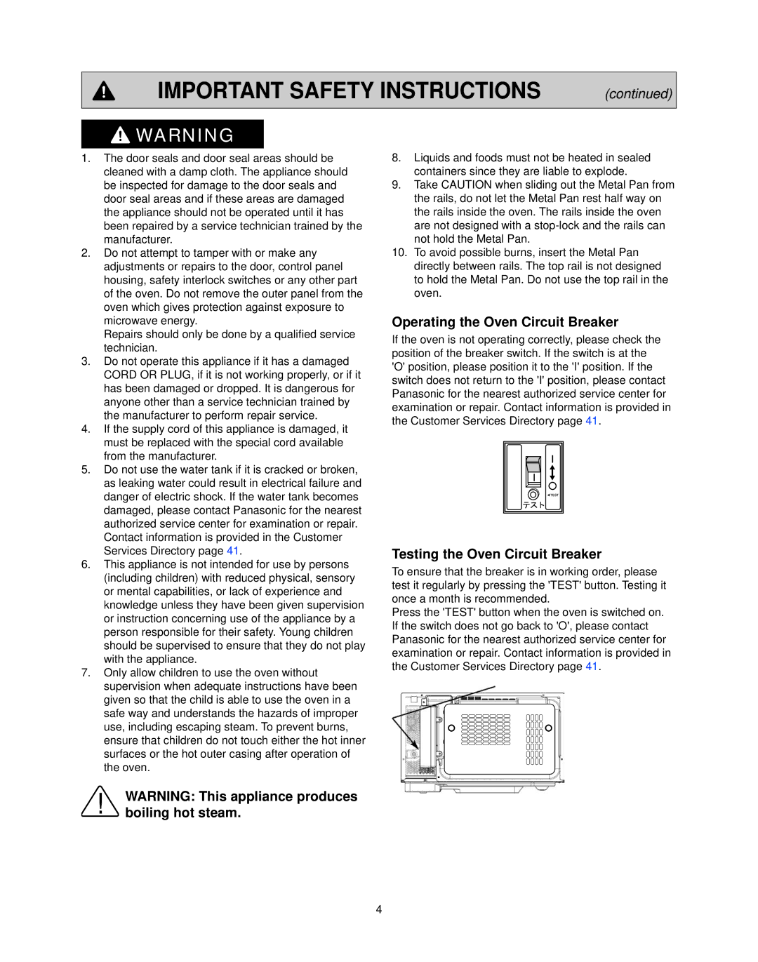 Panasonic NN-CS597S operating instructions Operating the Oven Circuit Breaker, Testing the Oven Circuit Breaker 