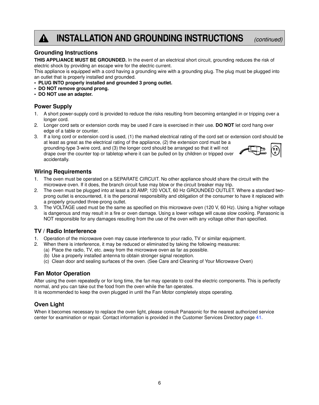 Panasonic NN-CS597S Grounding Instructions, Power Supply, Wiring Requirements, TV / Radio Interference, Oven Light 