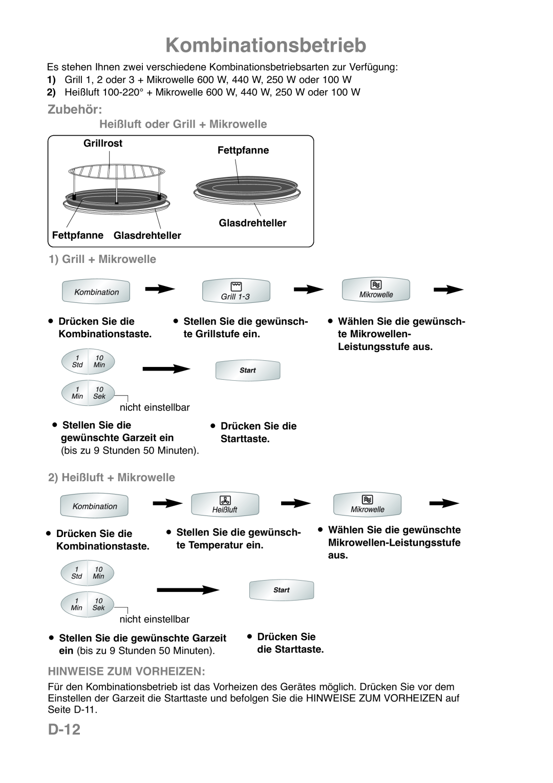 Panasonic NN-CT559W manual Kombinationsbetrieb, D-12, Heißluft oder Grill + Mikrowelle, 2 Heißluft + Mikrowelle, Zubehör 