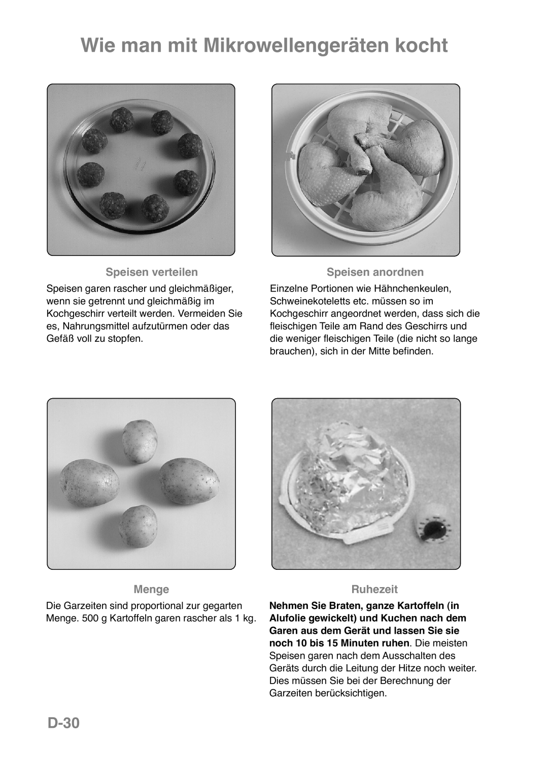 Panasonic NN-CT559W manual D-30, Speisen verteilen, Speisen anordnen, Menge, Ruhezeit, Wie man mit Mikrowellengeräten kocht 