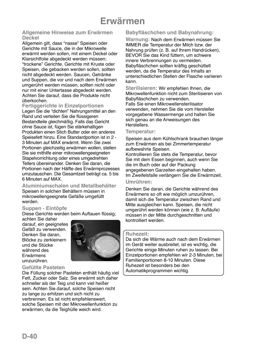 Panasonic NN-CT559W D-40, Allgemeine Hinweise zum Erwärmen Deckel, Fertiggerichte in Einzelportionen, Suppen - Eintöpfe 