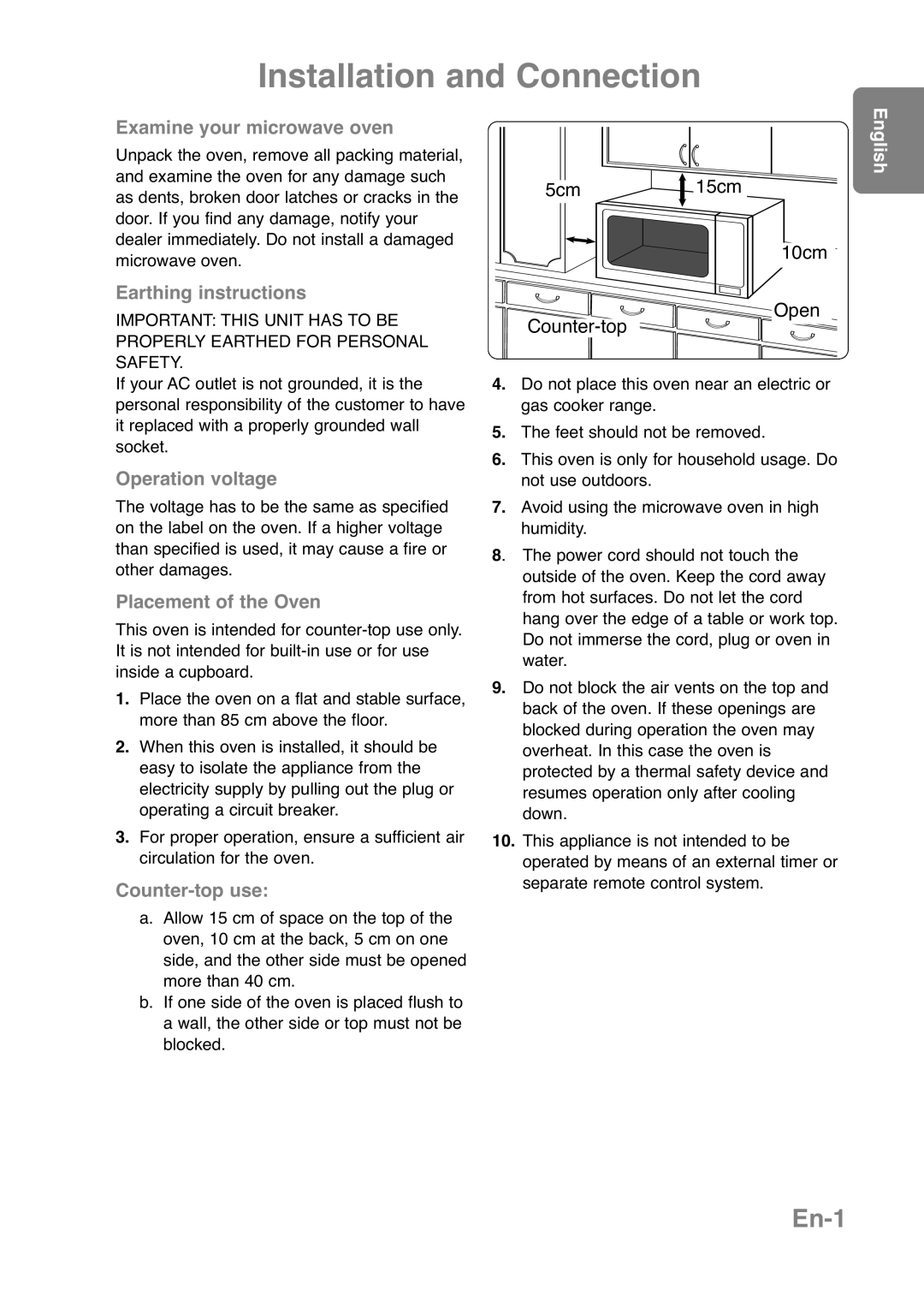 Panasonic NN-CT559W Installation and Connection, En-1, Examine your microwave oven, Earthing instructions, Counter-top use 