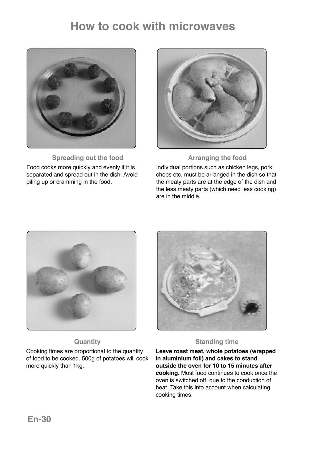 Panasonic NN-CT569M, NN-CT559W manual En-30, Spreading out the food, Arranging the food, Quantity, Standing time 