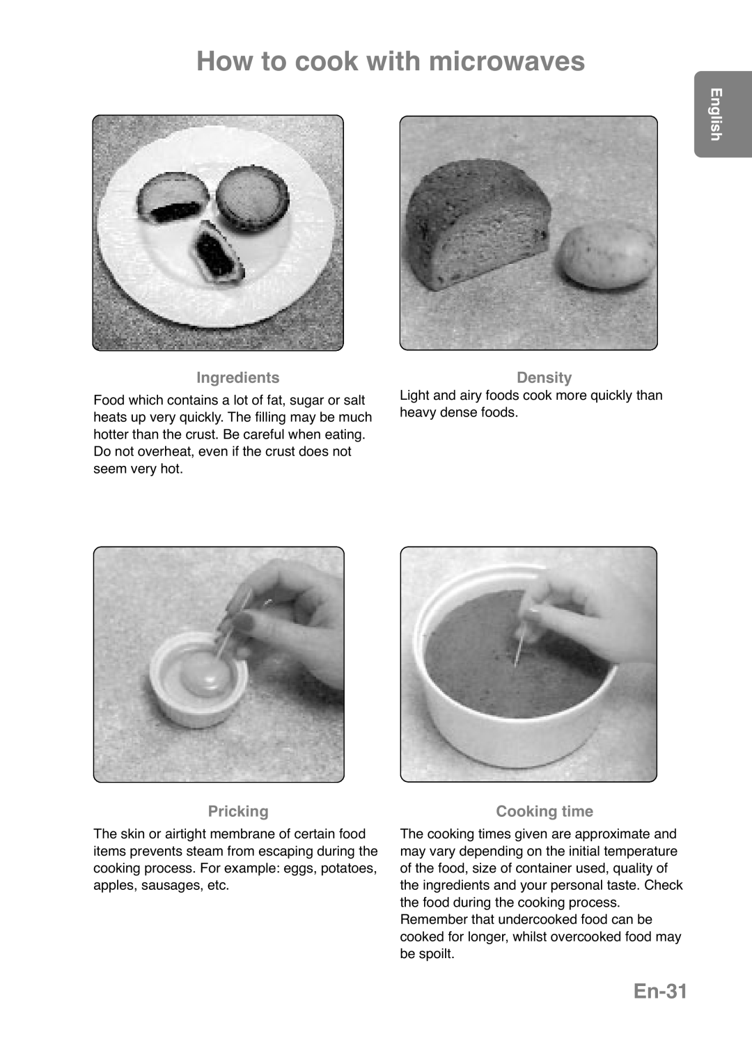 Panasonic NN-CT559W, NN-CT569M En-31, Ingredients, Density, Pricking, Cooking time, How to cook with microwaves, English 
